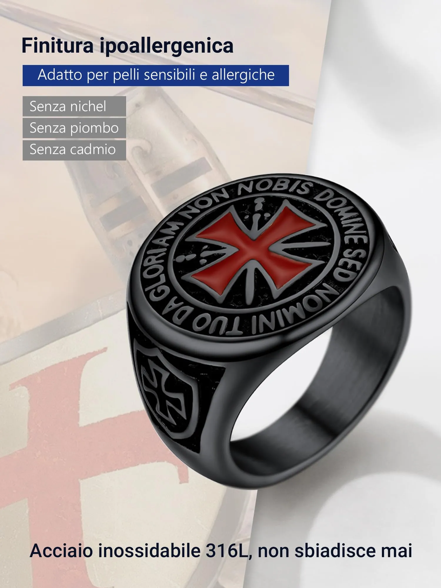 PROSTEEL Anello Uomo Cavalieri Templari Croce Rossa in Acciaio Inossidabile Nero, Misura 24 - immagine 6