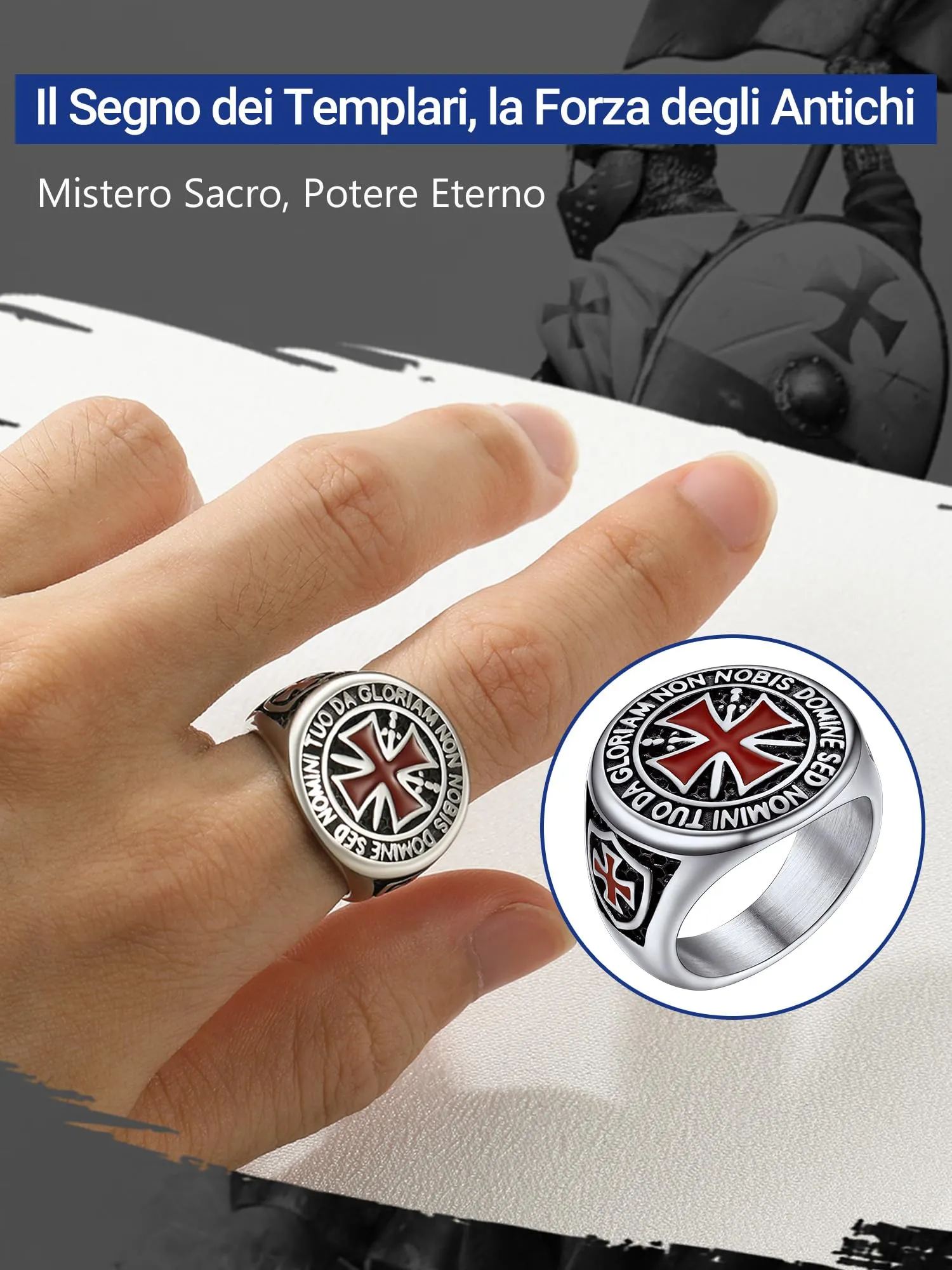 PROSTEEL Anello Uomo Argento Cavalieri Templari Croce Rossa Misura 27 - immagine 3
