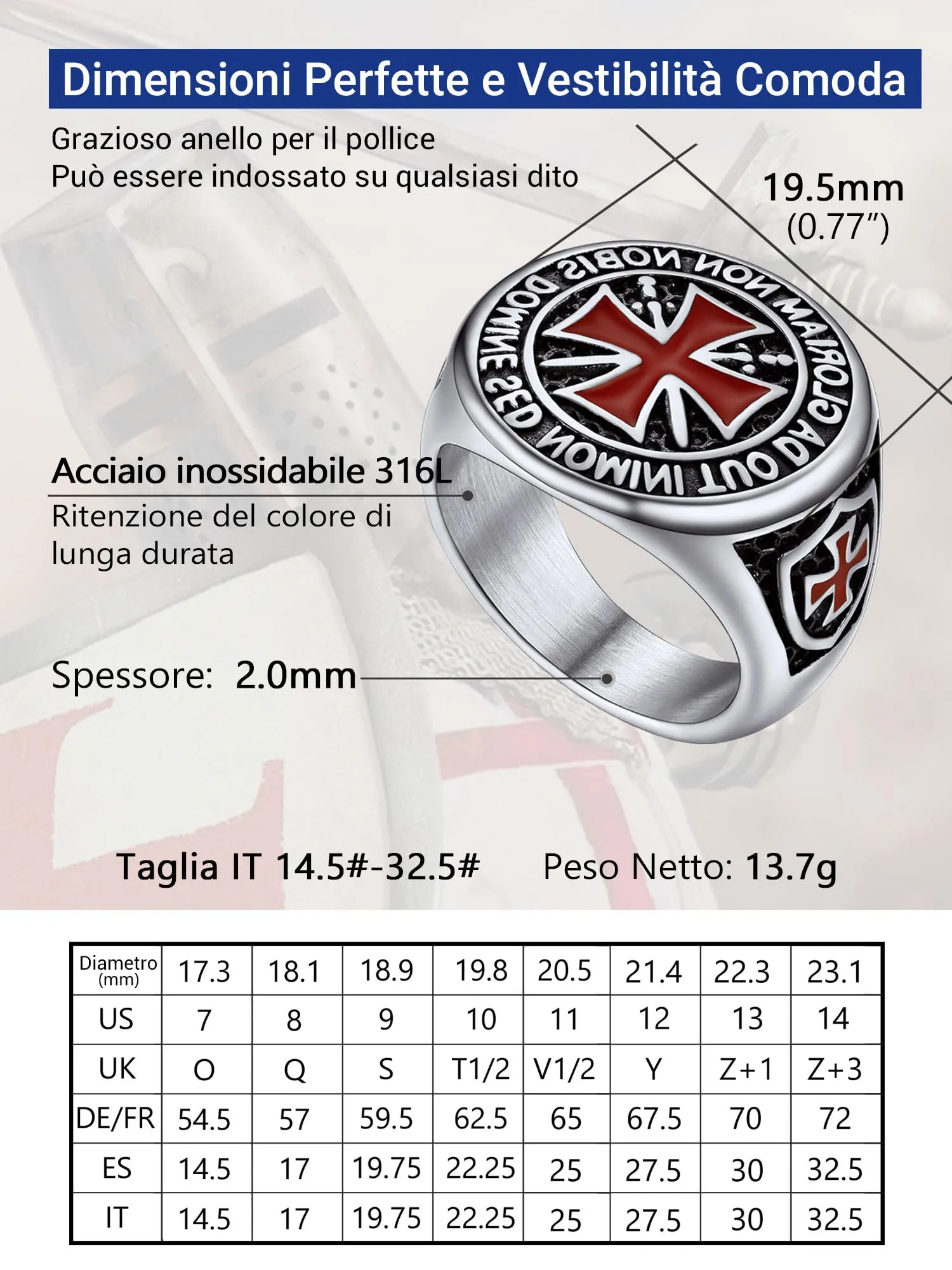 PROSTEEL Anello Uomo in Acciaio Inossidabile Cavalieri Templari Croce Rosso, Misura 14 - immagine 2