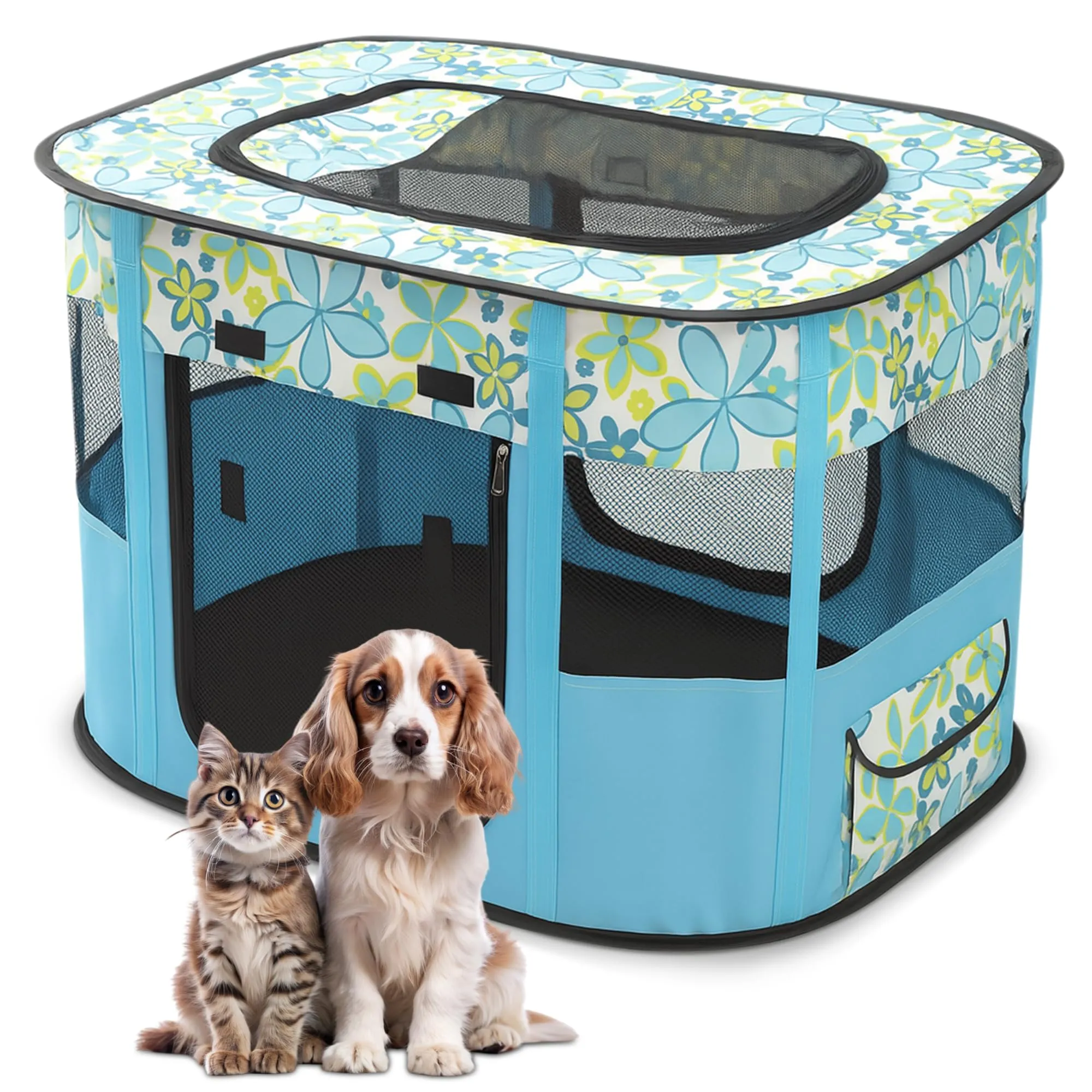 ALLSOPETS Recinto per Cani da Interno Pieghevole, Fiori Blu, M - immagine 1