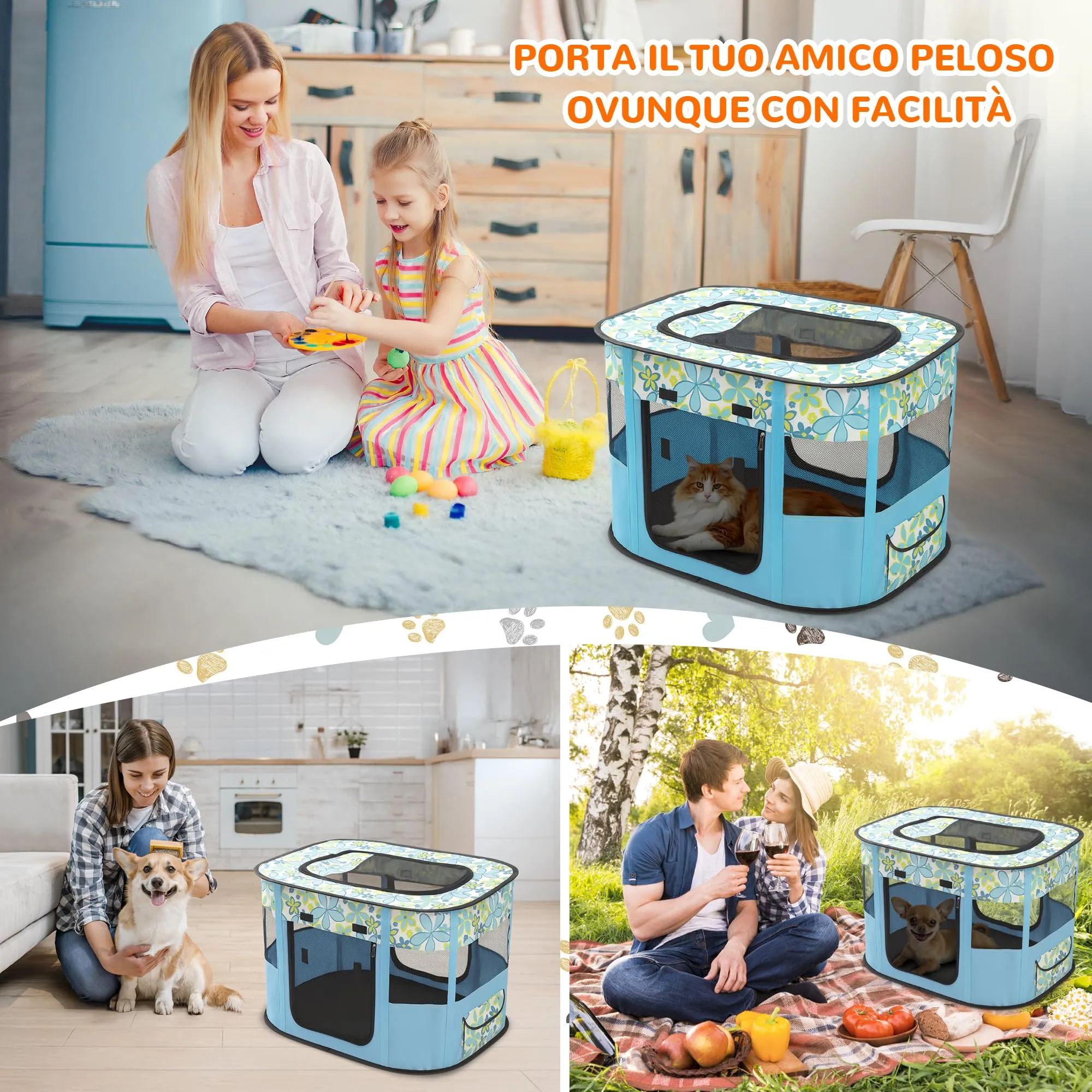 ALLSOPETS Recinto per Cani da Interno Pieghevole, Fiori Blu, M - immagine 2