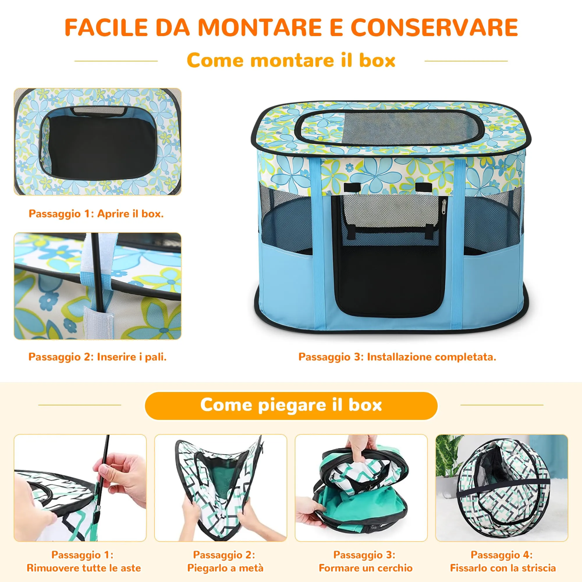 ALLSOPETS Recinto per Cani da Interno Pieghevole, Fiori Blu, M - immagine 5