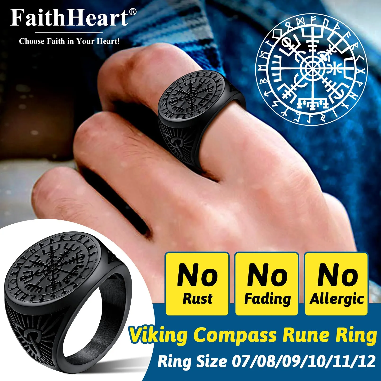 FaithHeart Anello Uomo Vichingo Bussola Vegvisir Mitologia Nordica Rune con Nodo Celtico, Taglia IT 19 - immagine 3