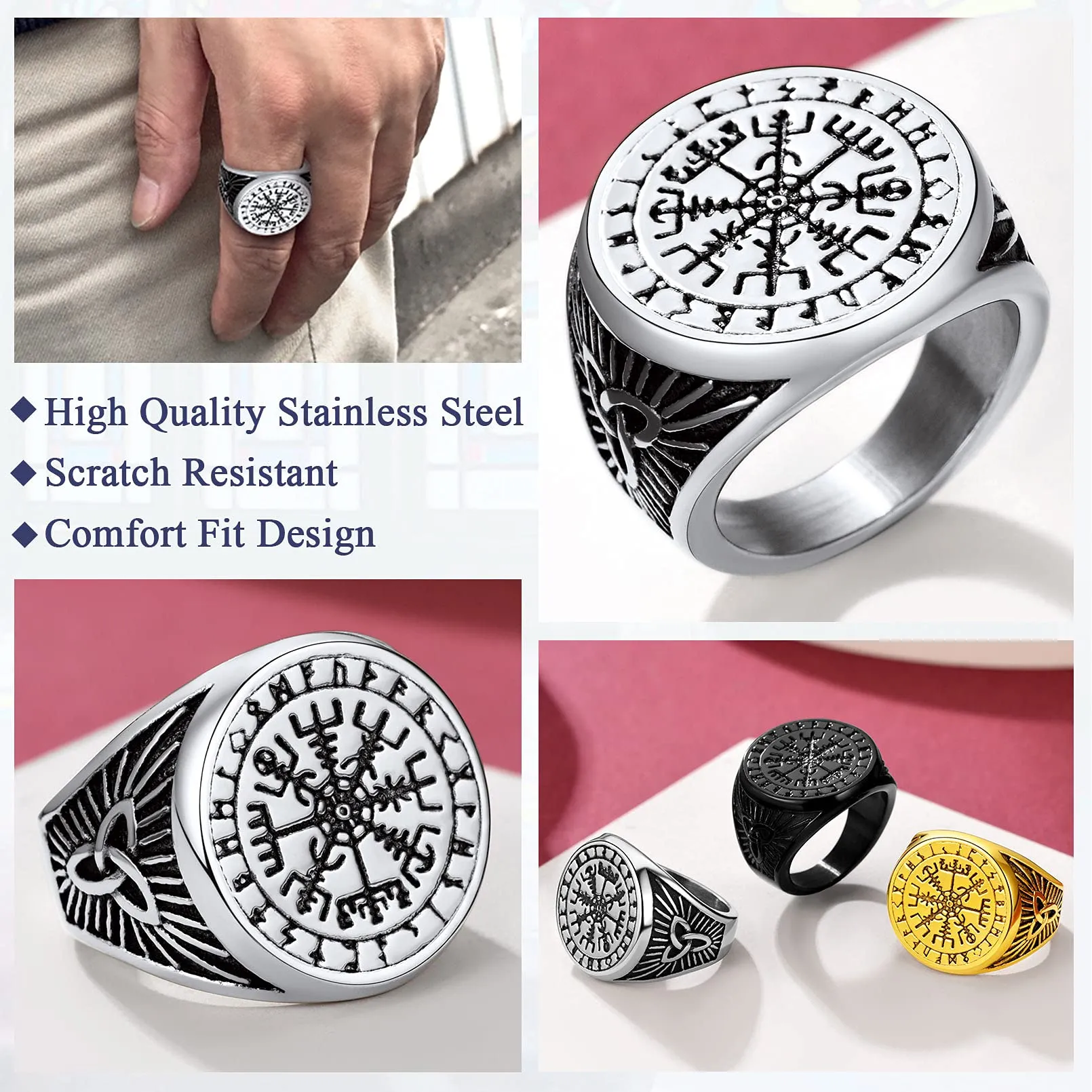 FaithHeart Anello Uomo Vichingo Bussola Vegvisir Rune Nodo Celtico in Acciaio Inossidabile Argento, Taglia IT 14-27 - immagine 2