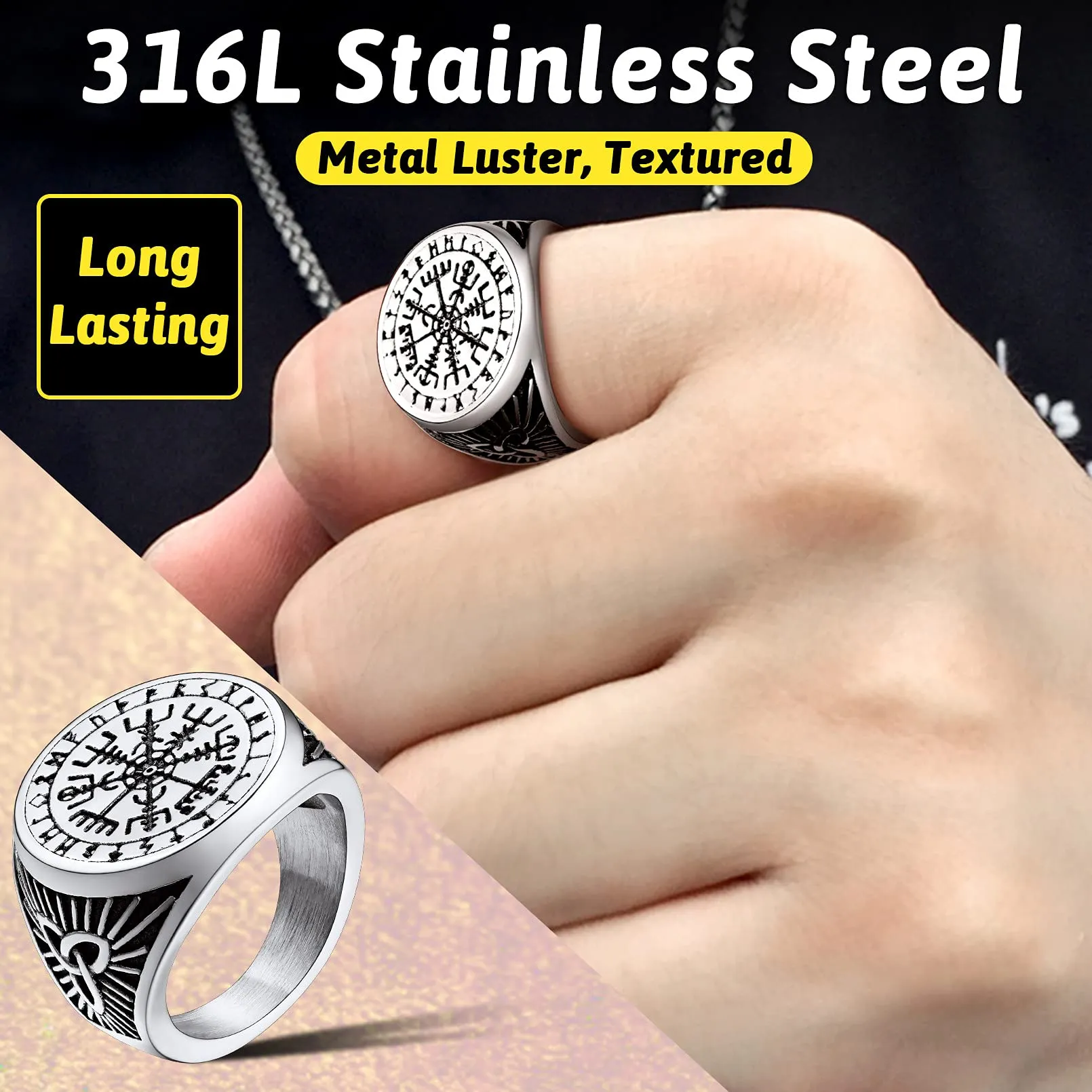 FaithHeart Anello Uomo Vichingo Bussola Vegvisir Rune Nodo Celtico in Acciaio Inossidabile Argento, Taglia IT 14-27 - immagine 6