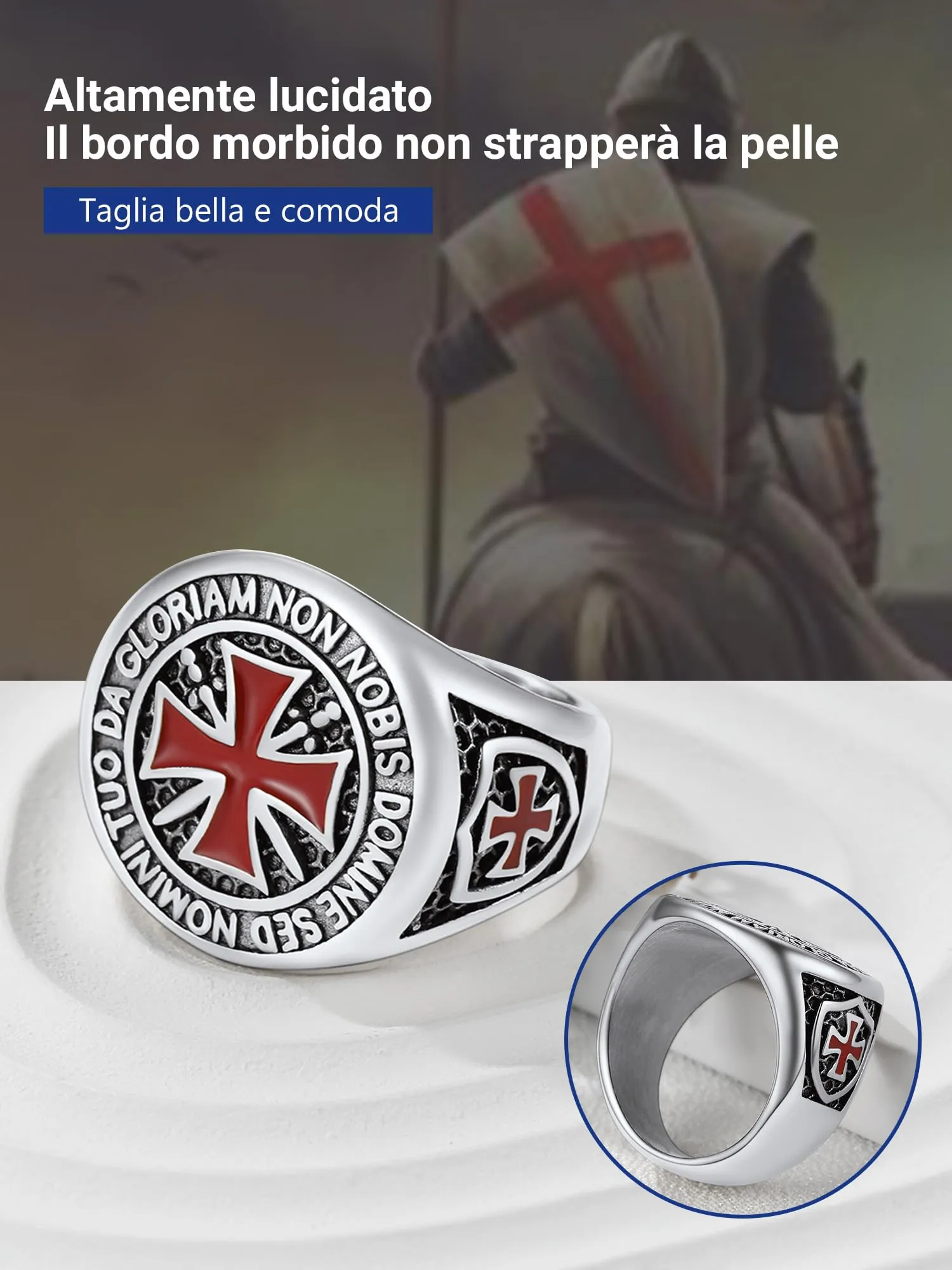 PROSTEEL Anello Uomo Cavalieri Templari Croce Rossa in Acciaio Inossidabile Argento Misura 22 - immagine 4