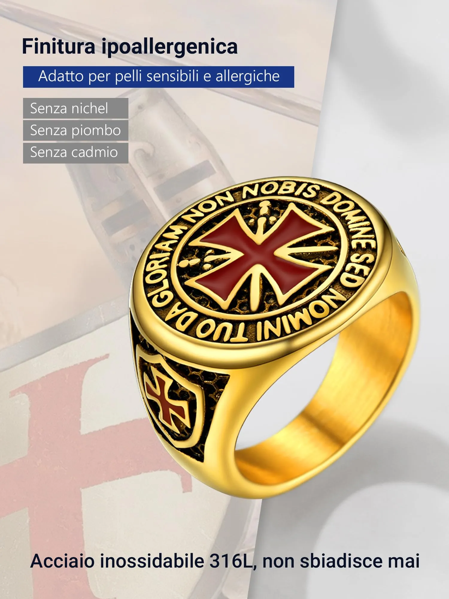 PROSTEEL Anello Uomo Cavalieri Templari Croce Rosso Oro Acciaio Inossidabile Misura 32 - immagine 3