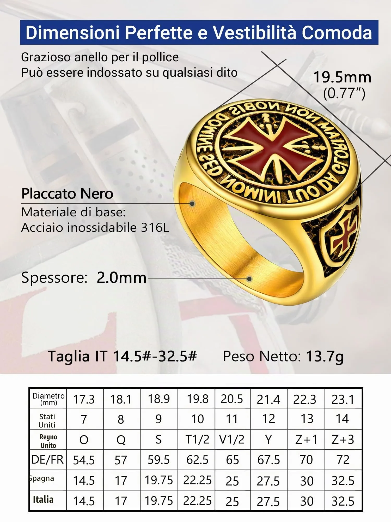 PROSTEEL Anello Uomo Cavalieri Templari Croce Rosso Oro Acciaio Inossidabile Misura 32 - immagine 4