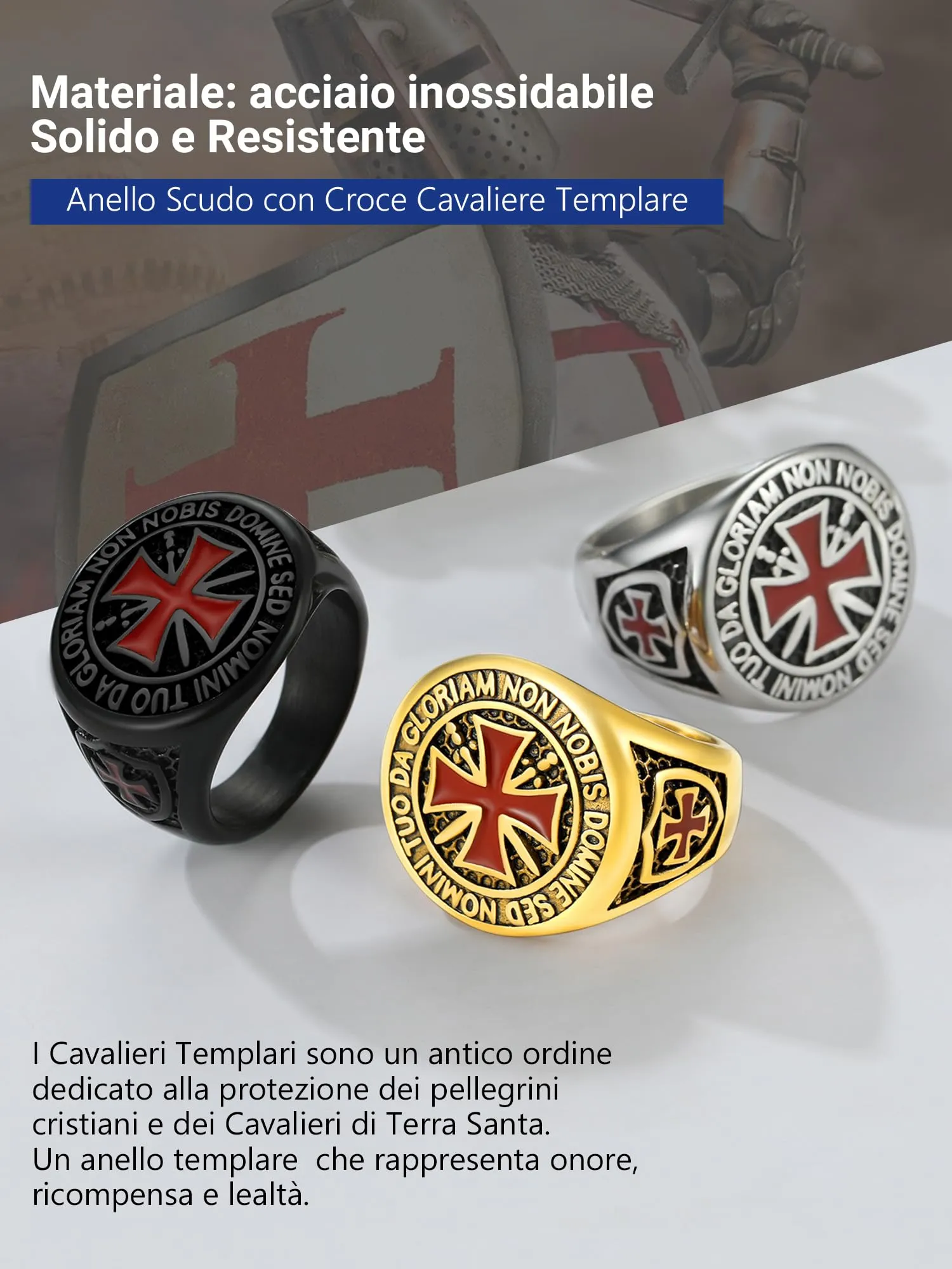 PROSTEEL Anello Uomo Cavalieri Templari Croce Rosso Oro Acciaio Inossidabile Misura 32 - immagine 6