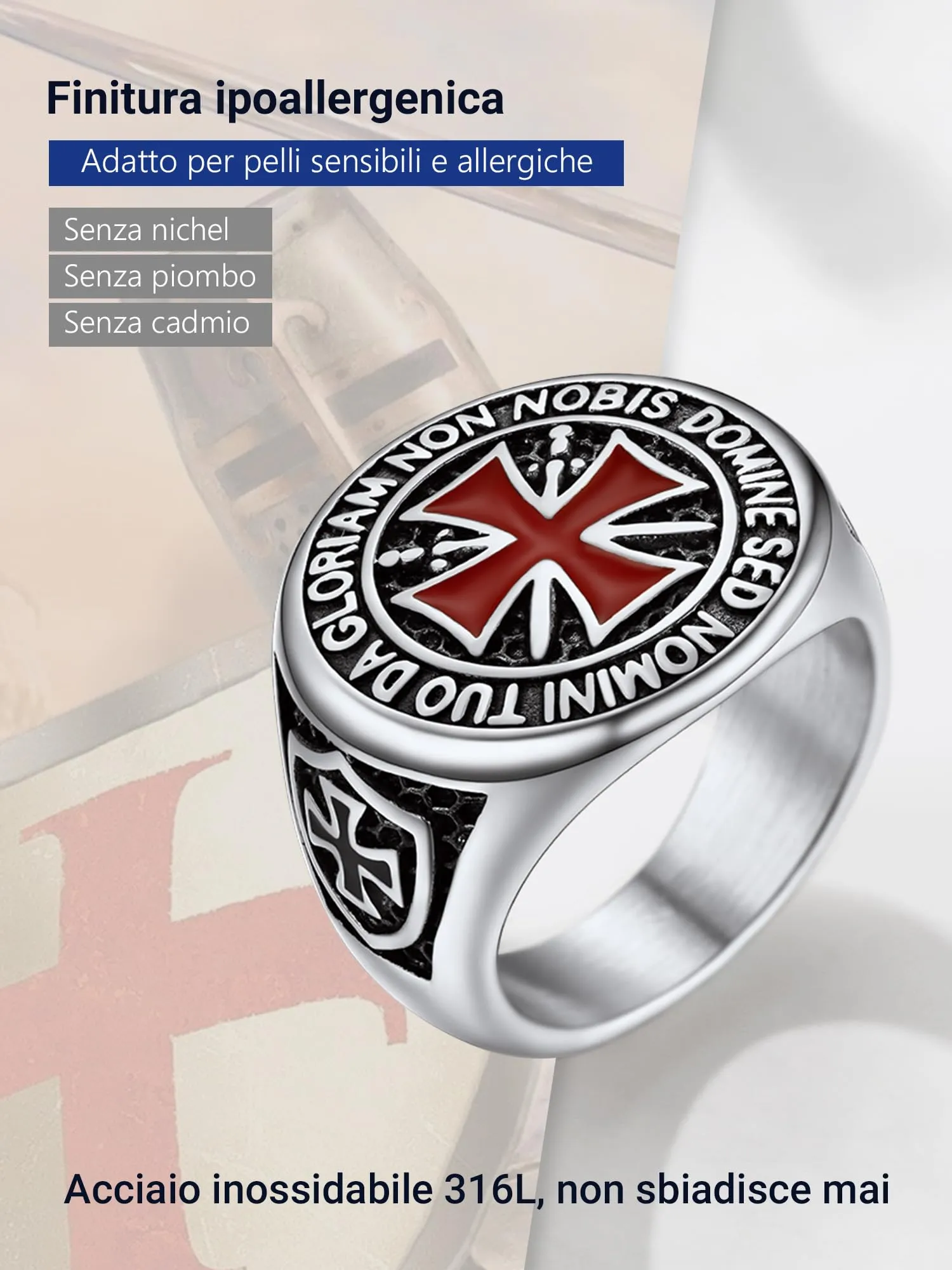 PROSTEEL Anello in Acciaio Inossidabile Uomo Cavalieri Templari Croce Rossa, Misura 20 - immagine 6