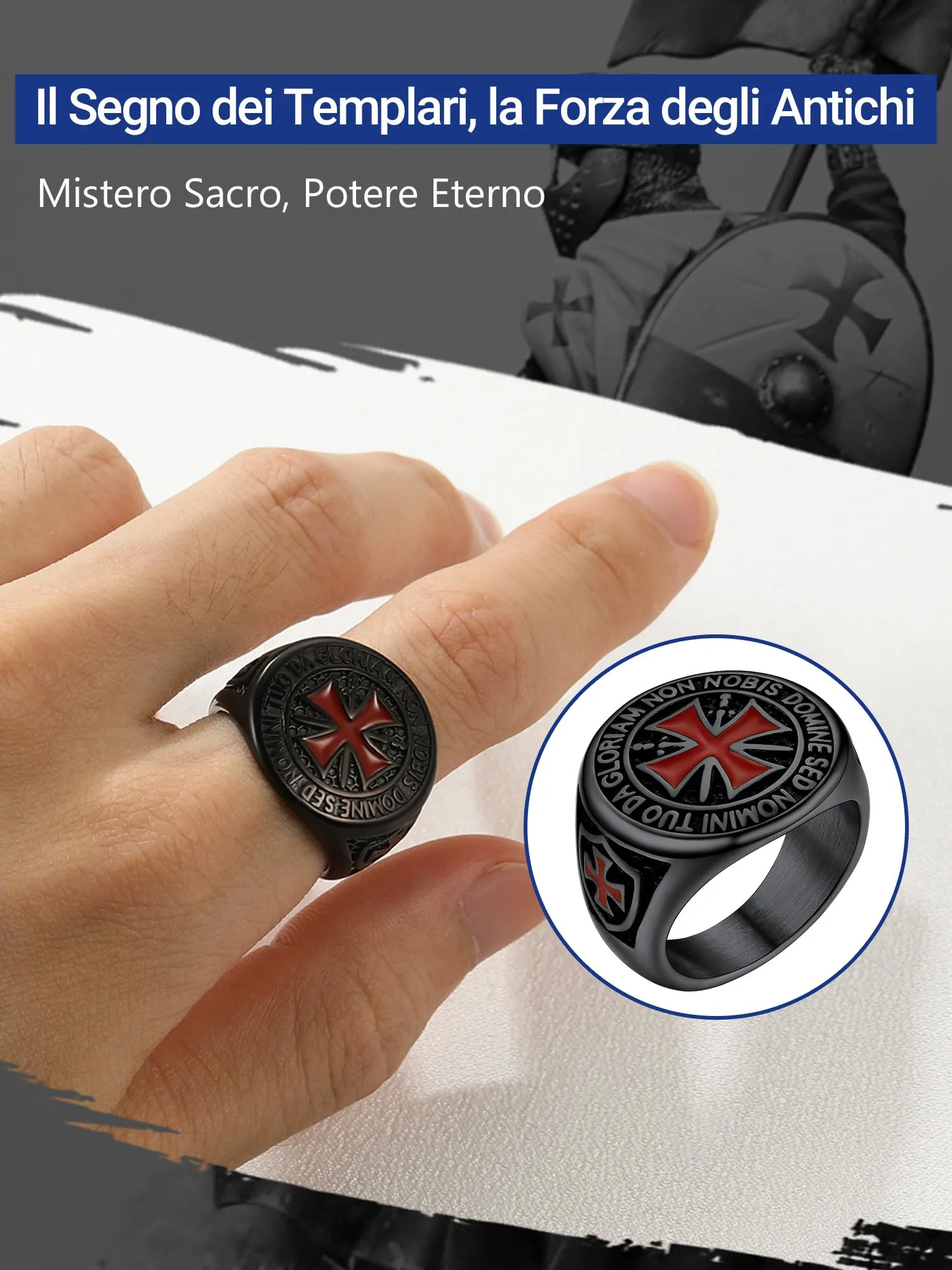 PROSTEEL Anello in Acciaio Nero per Uomo Cavalieri Templari con Croce Rossa - immagine 2