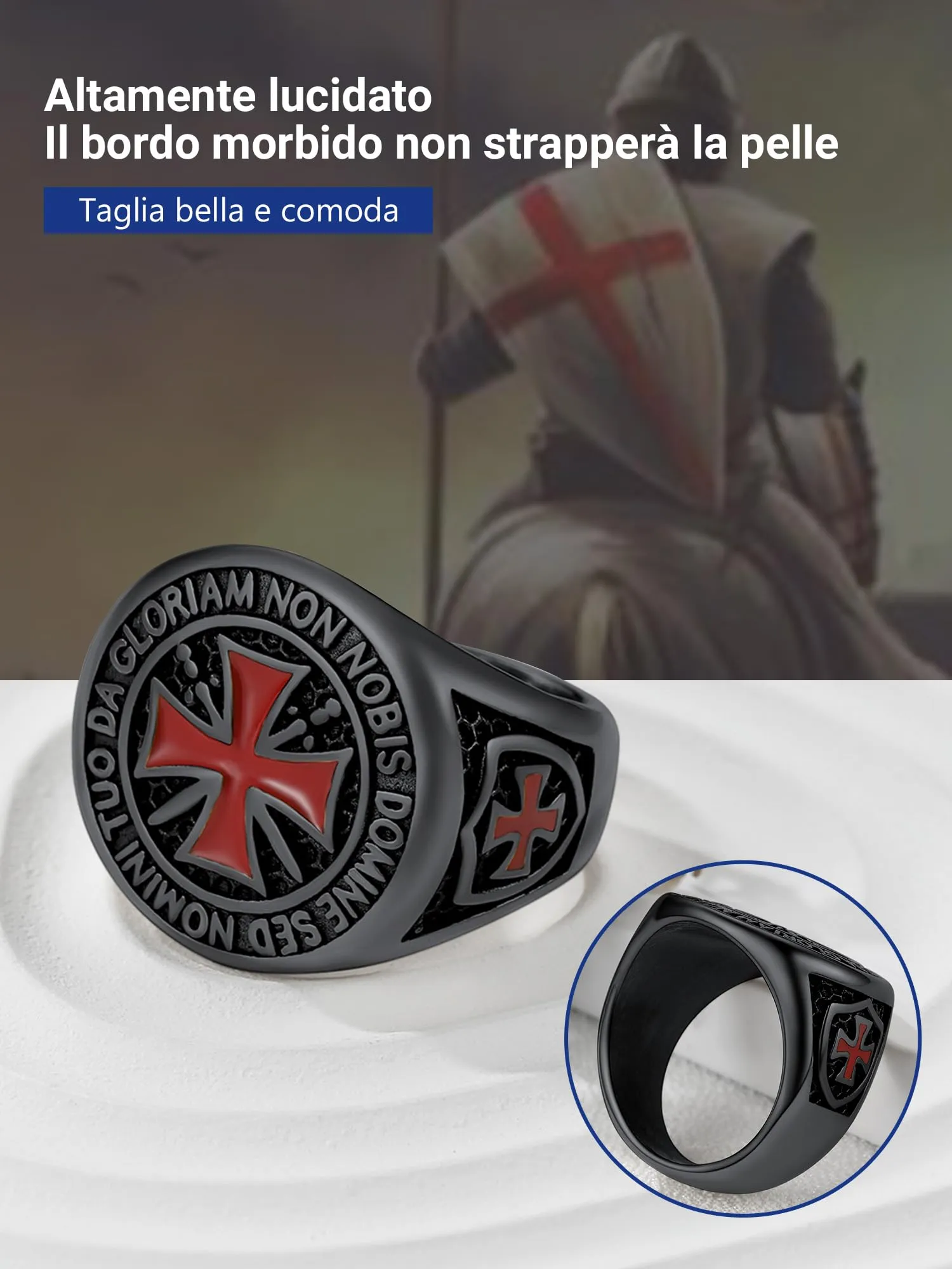 PROSTEEL Anello in Acciaio Nero per Uomo Cavalieri Templari con Croce Rossa - immagine 4
