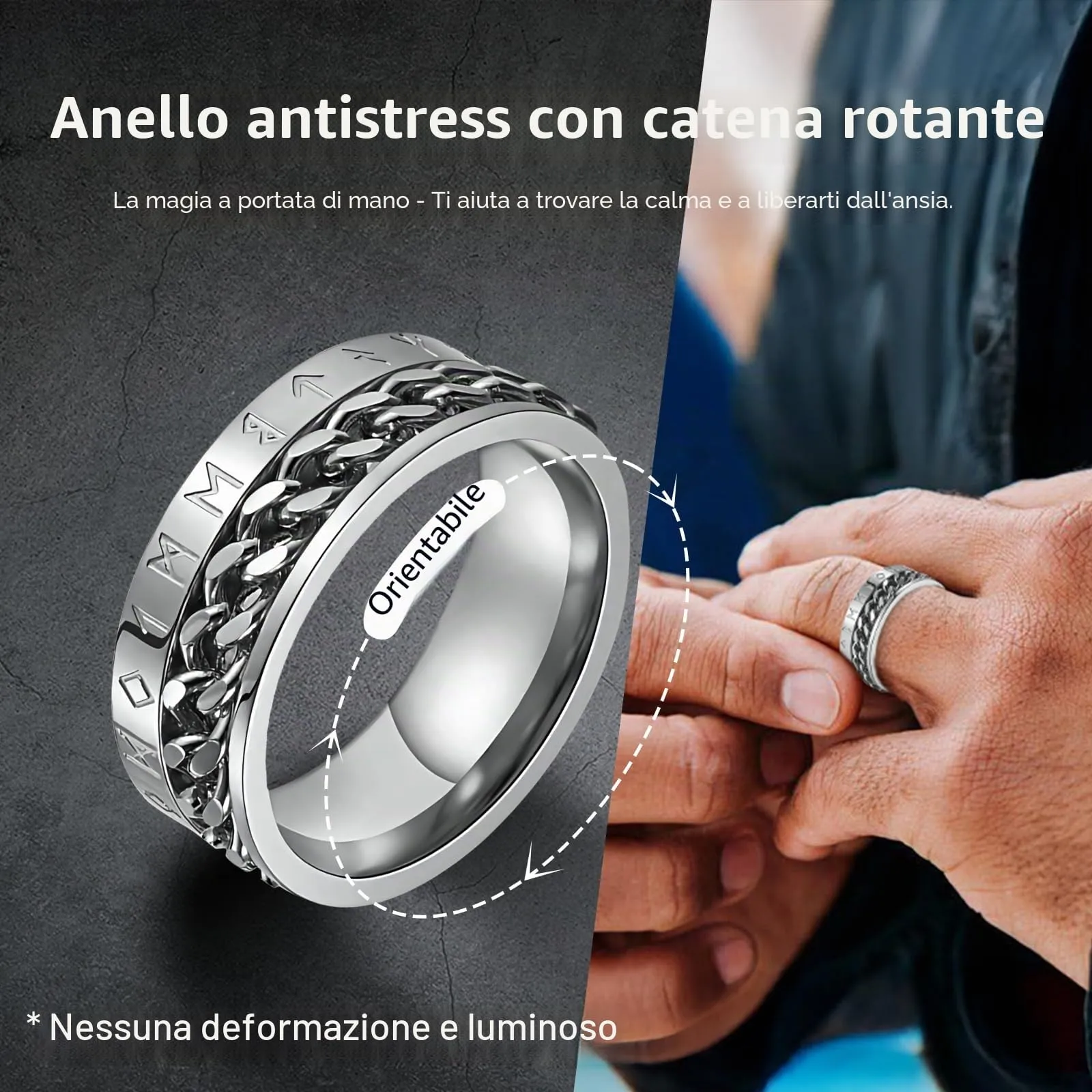 MERTTURM Anello Antistress Uomo in Acciaio Inossidabile con Rune Vichinghe, Anello Rotabile per Ansia e Relax - immagine 3