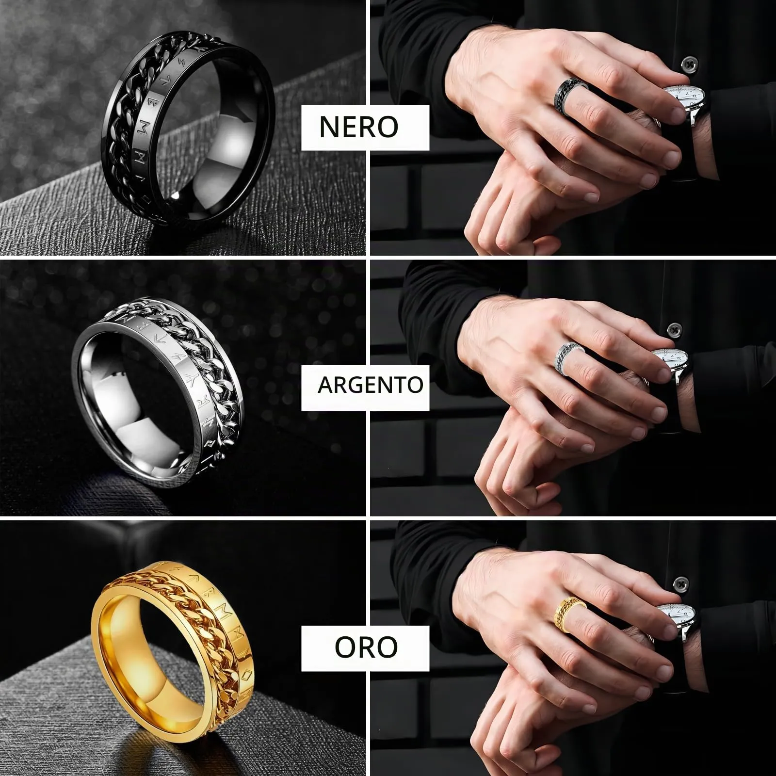 MERTTURM Anello Antistress Uomo in Acciaio Inossidabile con Rune Vichinghe, Anello Rotabile per Ansia e Relax - immagine 2