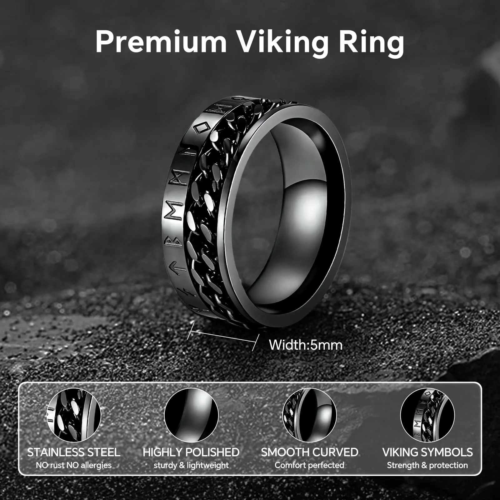 MERTTURM Anello Antistress in Acciaio Inossidabile con Rune Vichinghe, Anello Rotabile per Ansia e Relax, Nero - immagine 4
