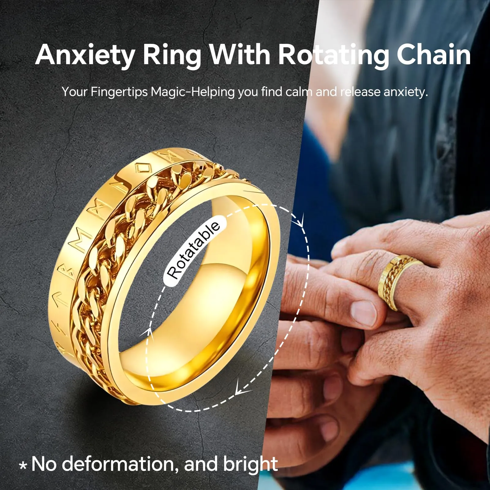 MERTTURM Anello Antistress Uomo in Acciaio Inossidabile con Rune Vichinghe Rotabile - immagine 3