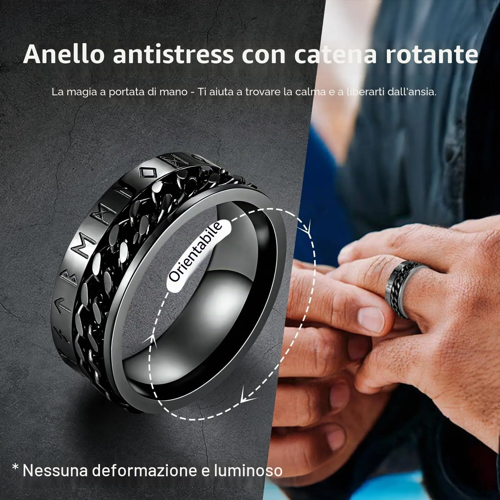 MERTTURM Anello Antistress Uomo in Acciaio Inossidabile con Rune Vichinghe, Anello Rotabile per Ansia e Relax - immagine 3