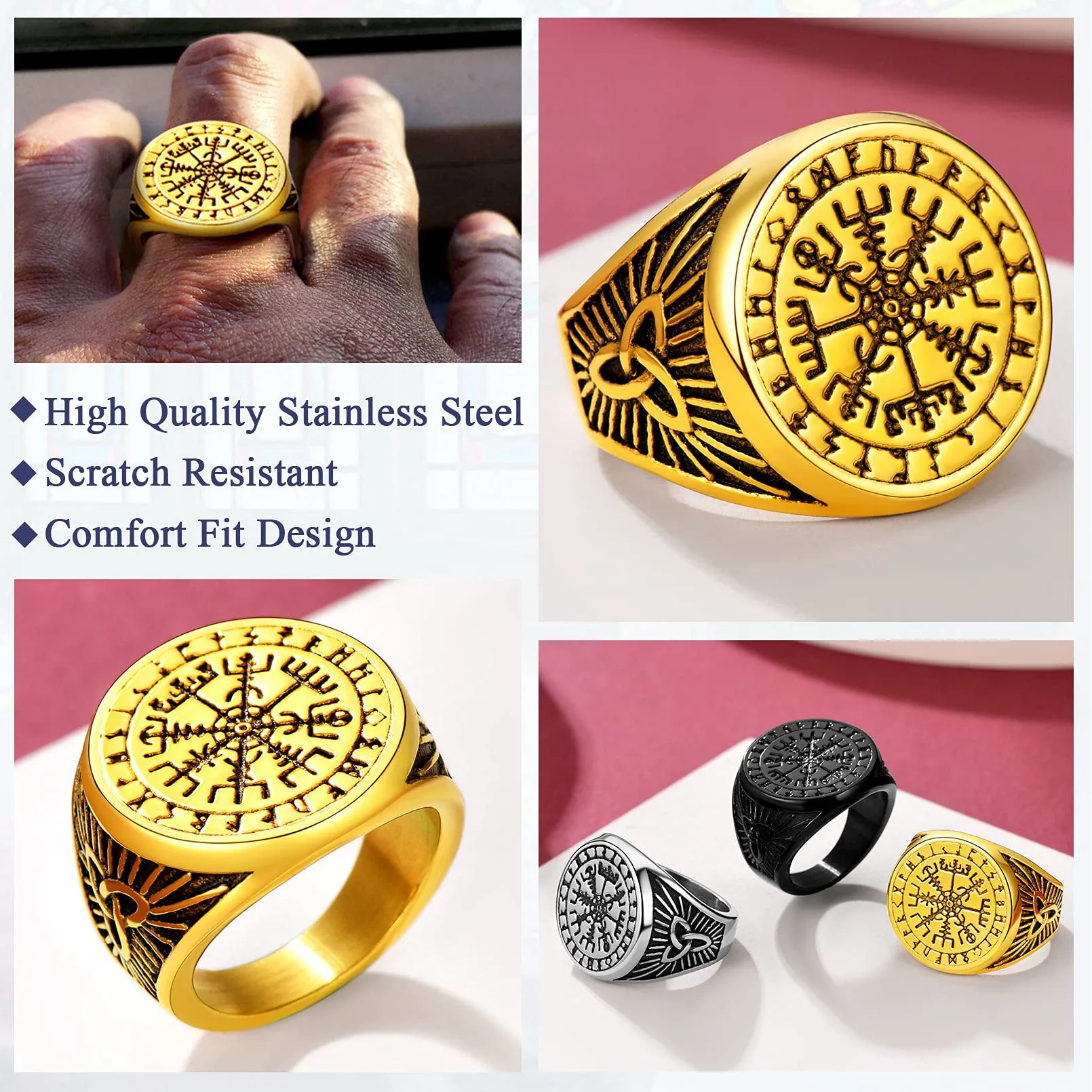 FaithHeart Anello Uomo Vichingo Bussola Vegvisir Mitologia Nordica Rune Nodo Celtico - immagine 2