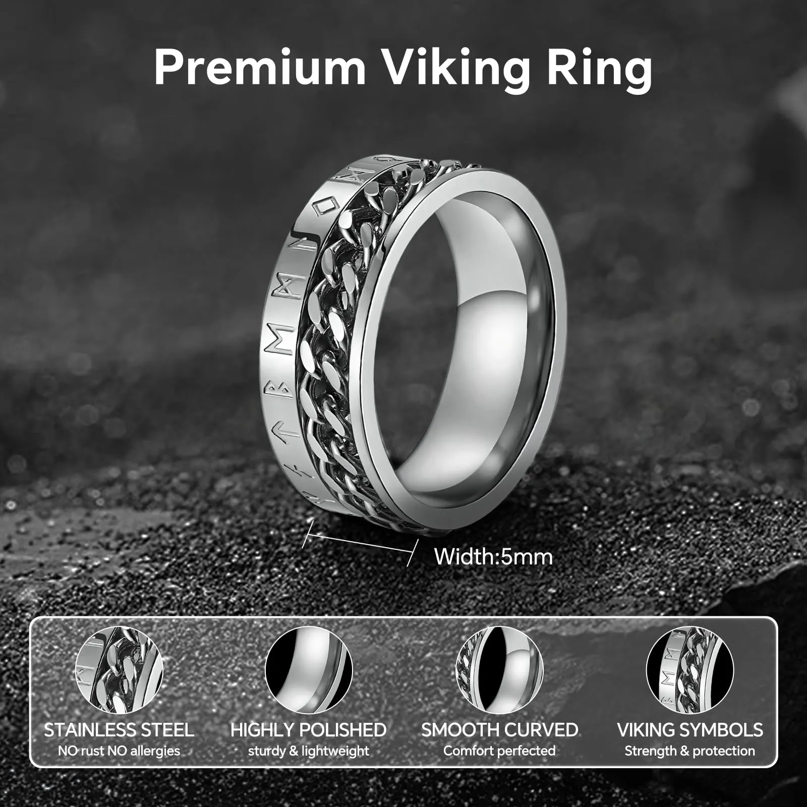 MERTTURM Anello Antistress Uomo in Acciaio Inossidabile con Rune Vichinghe, Anello Rotabile per Ansia e Relax, Argento - immagine 4