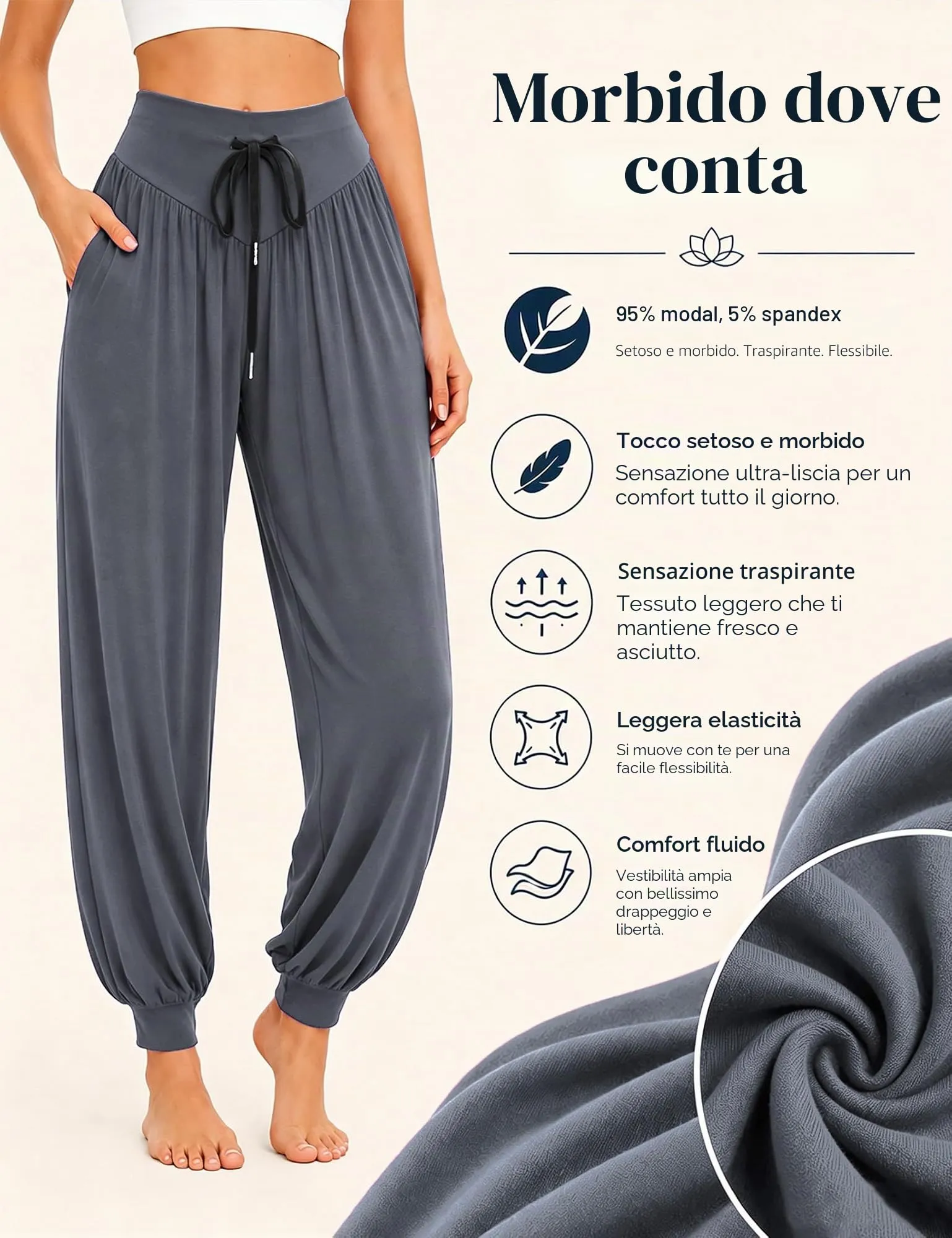 Terecey Pantaloni Yoga Donna Harem Vita Alta con Tasche e Coulisse Gamba Larga - immagine 3