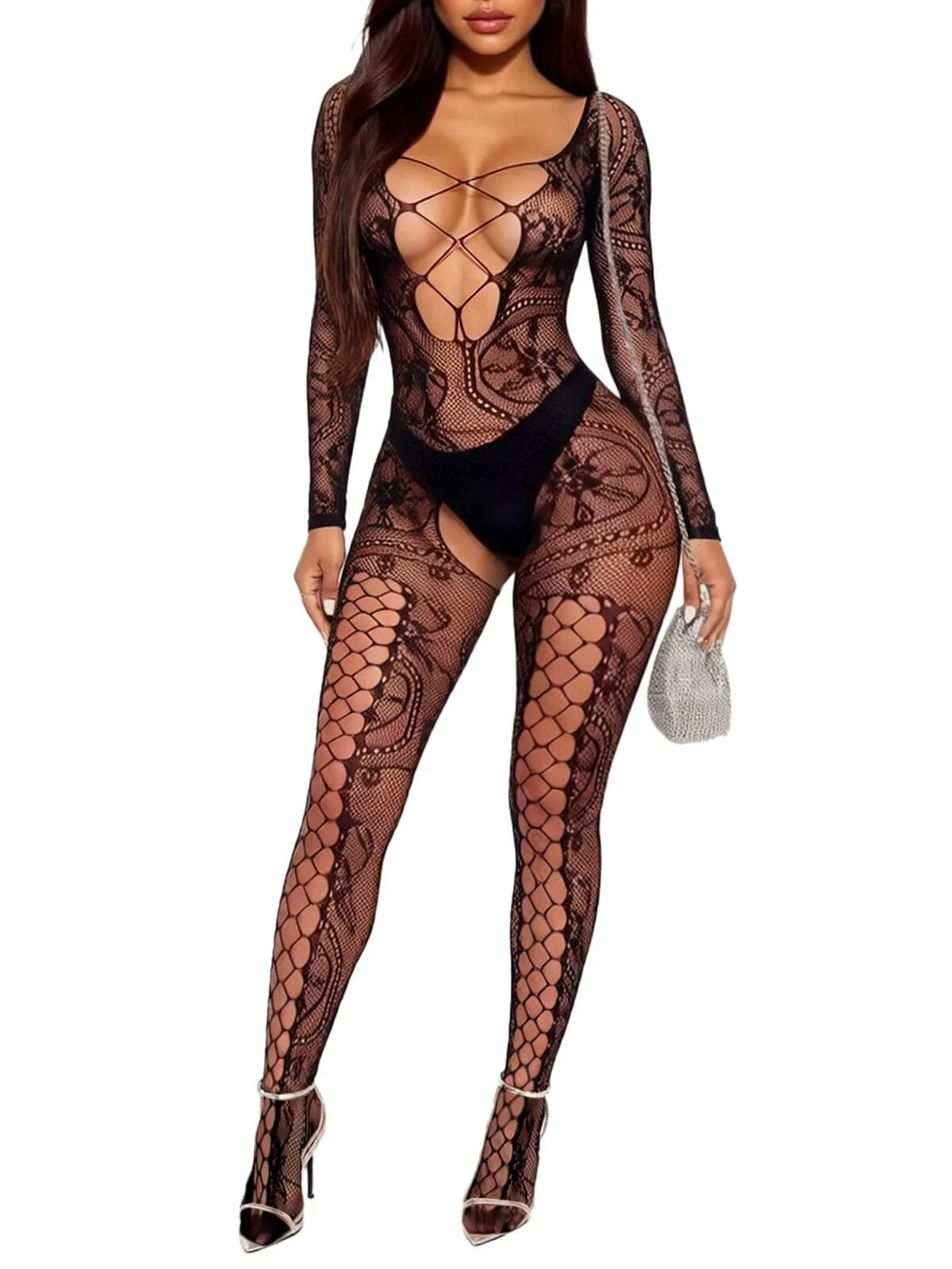 Buitifo Donna Fishnet Bodystocking Pigiama, Nero SYJC, Taglia unica - immagine 1