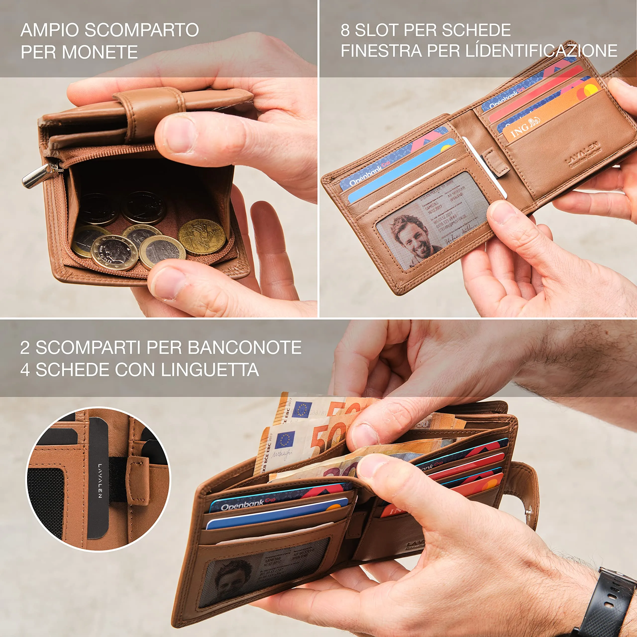 Lavalen Portafoglio Uomo in Pelle Vera RFID con Portamonete Grande - immagine 3