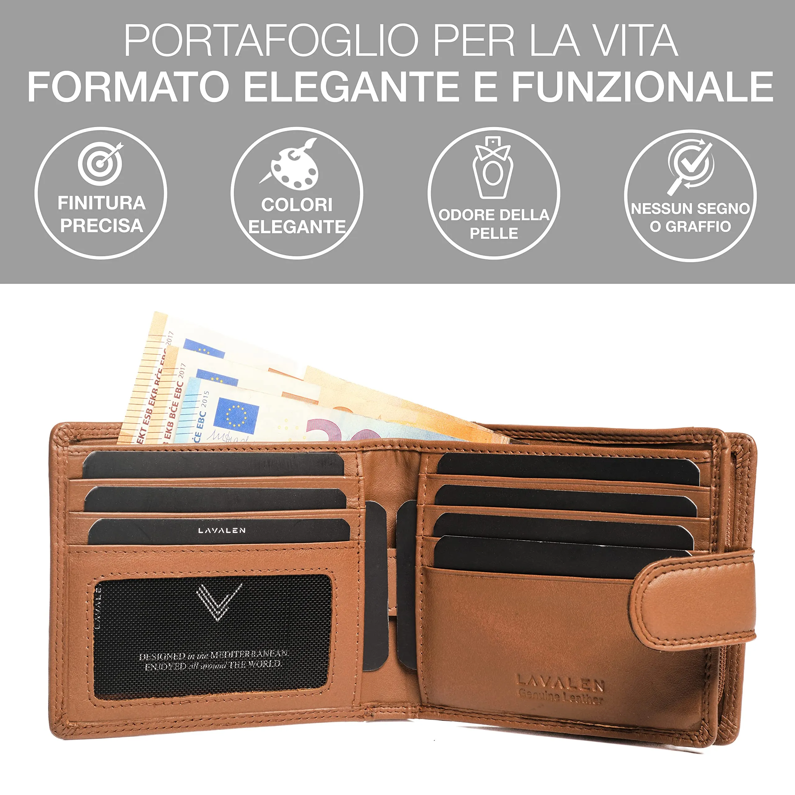 Lavalen Portafoglio Uomo in Pelle Vera RFID con Portamonete Grande - immagine 4
