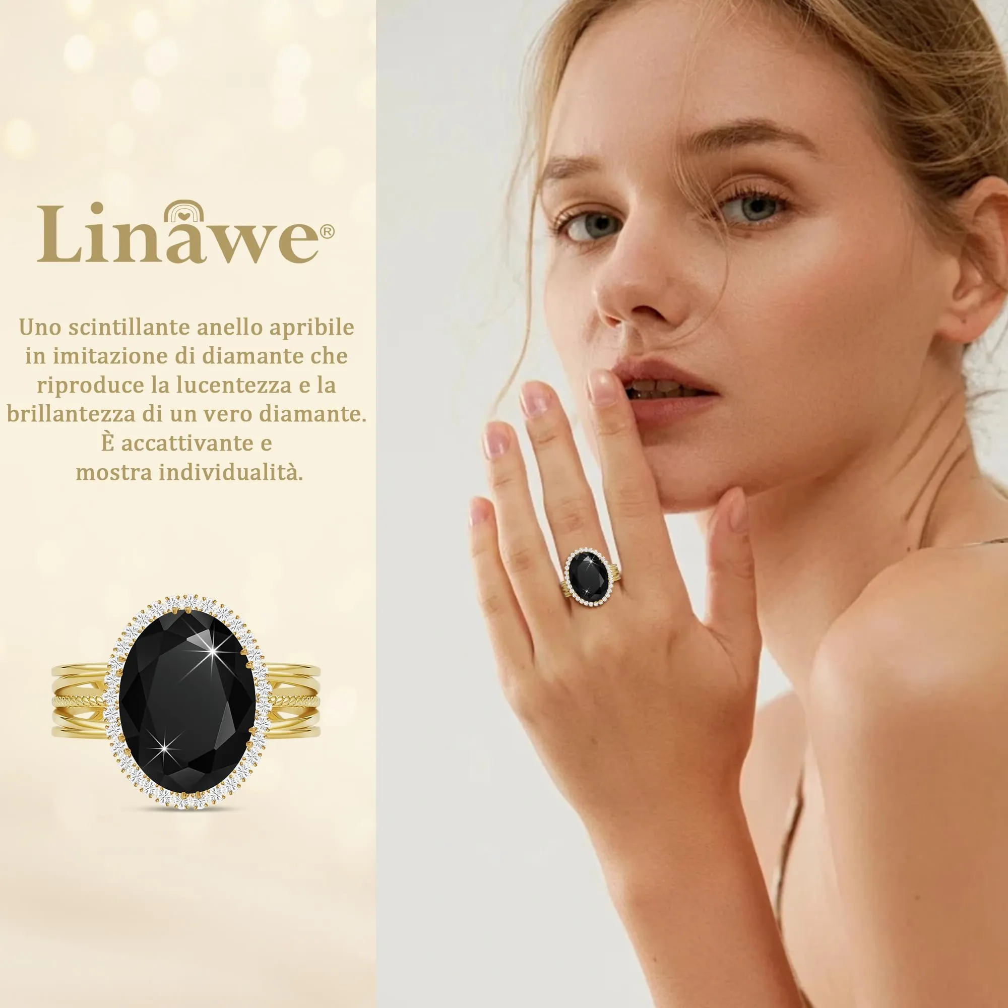 Linawe Anello Regolabile in Tormalina e Moissanite, Oro e Nero - immagine 2