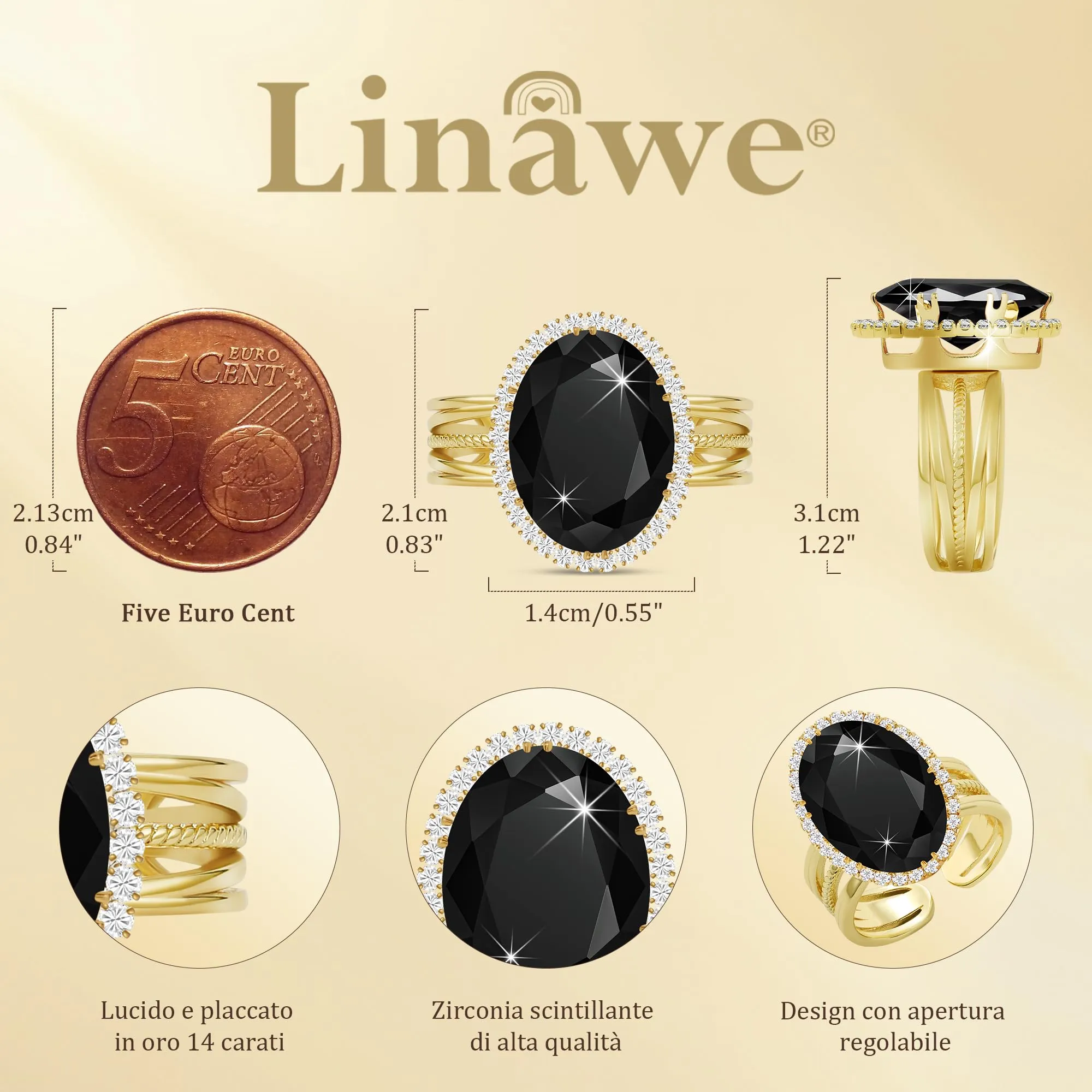 Linawe Anello Regolabile in Tormalina e Moissanite, Oro e Nero - immagine 4