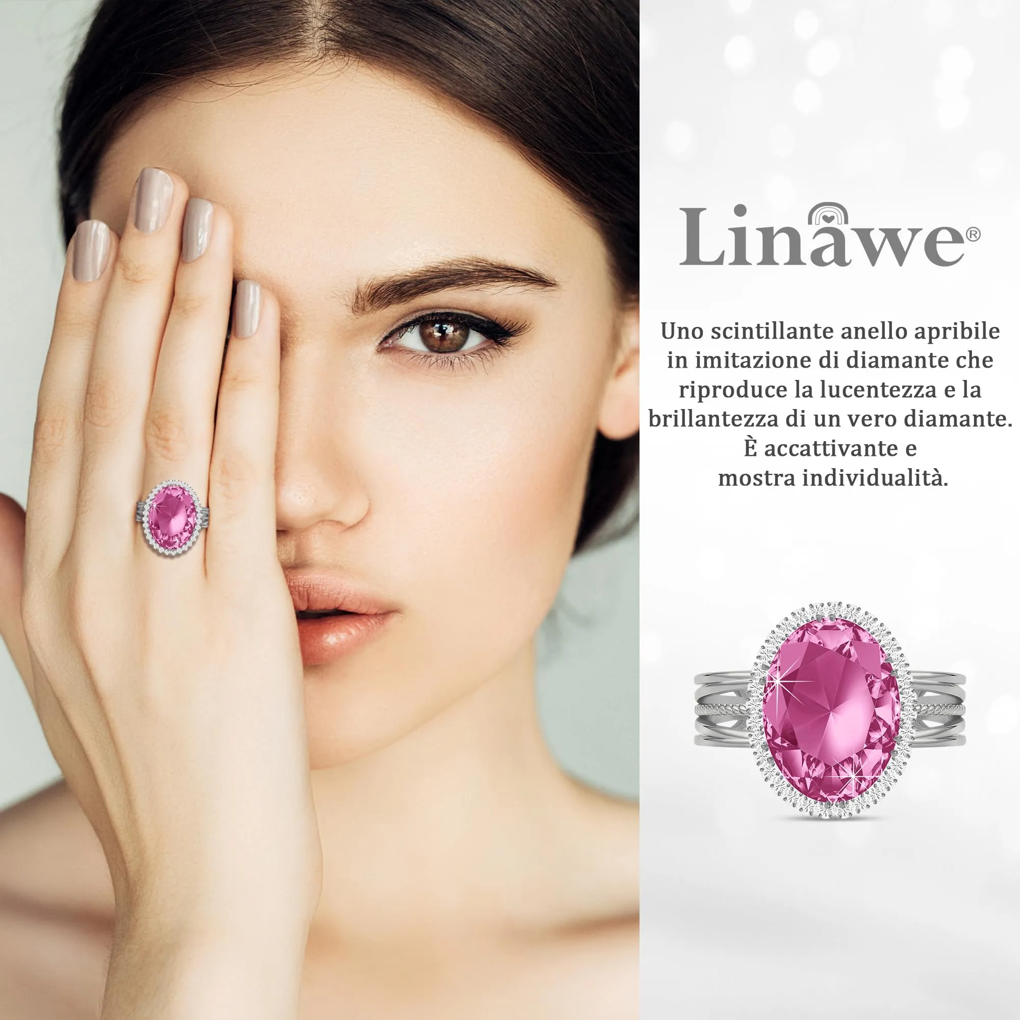 Linawe Anello Regolabile in Argento con Pietra Rosa e Zirconi - immagine 2