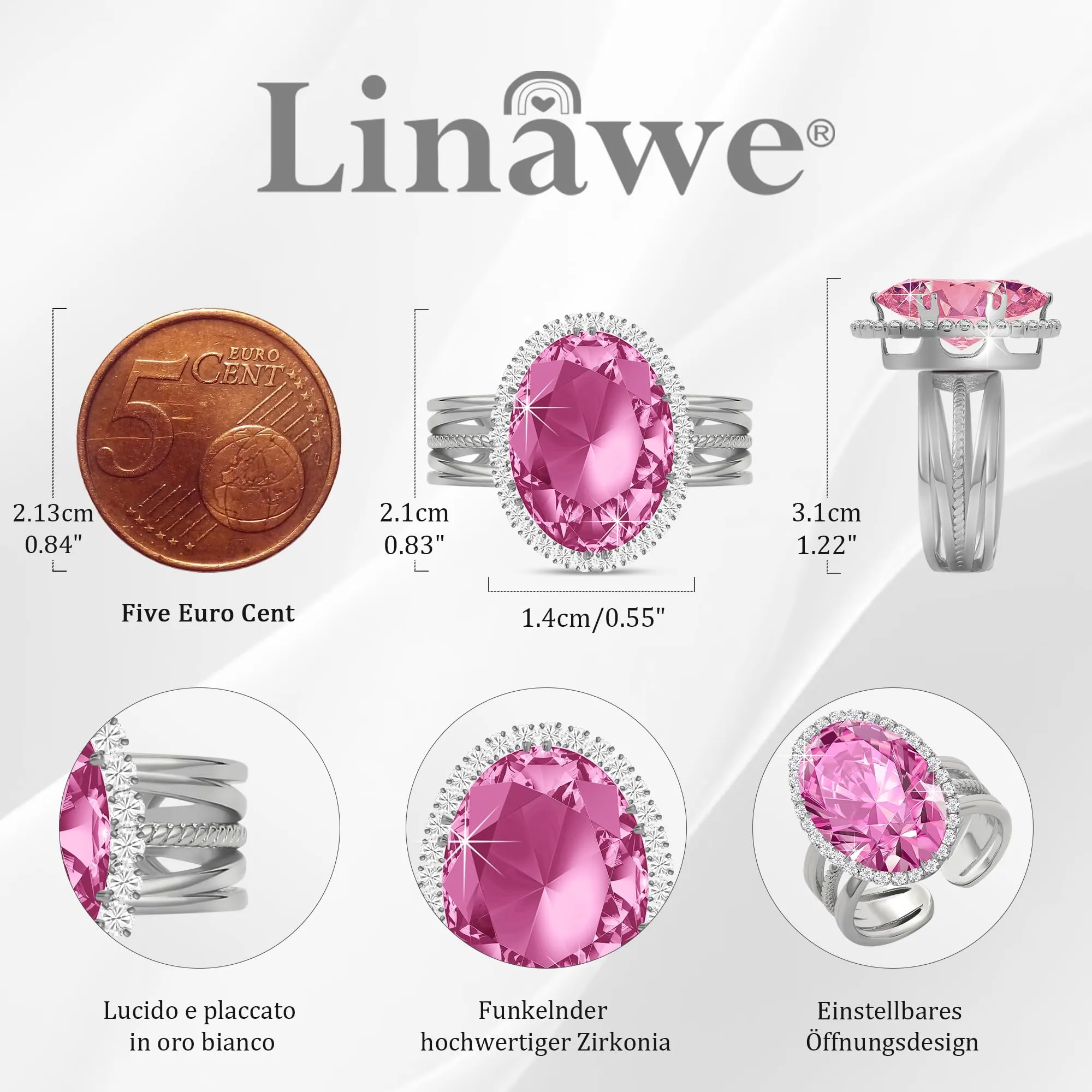 Linawe Anello Regolabile in Argento con Pietra Rosa e Zirconi - immagine 4