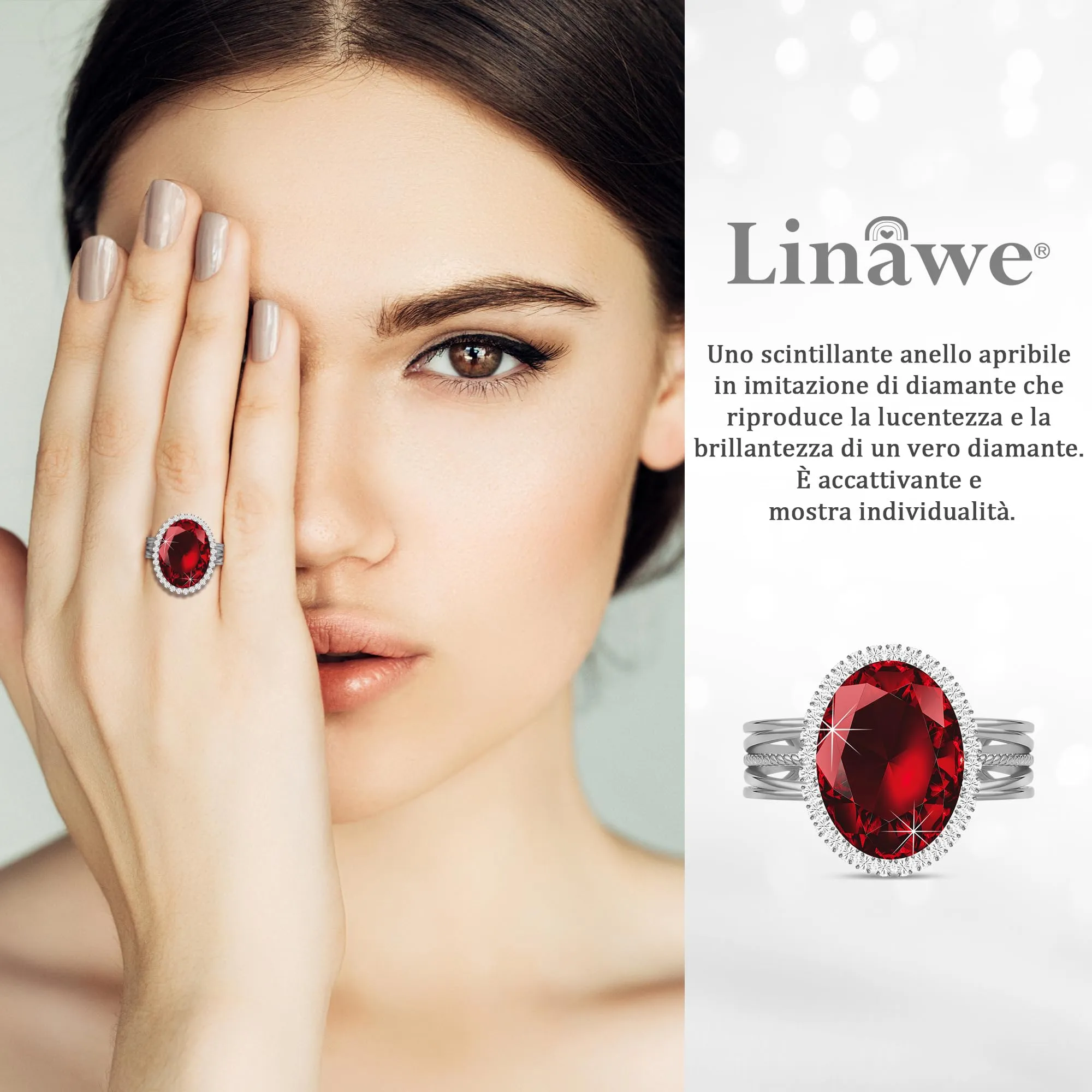 Linawe Anello Regolabile in Moissanite e Zirconi Argento - immagine 2