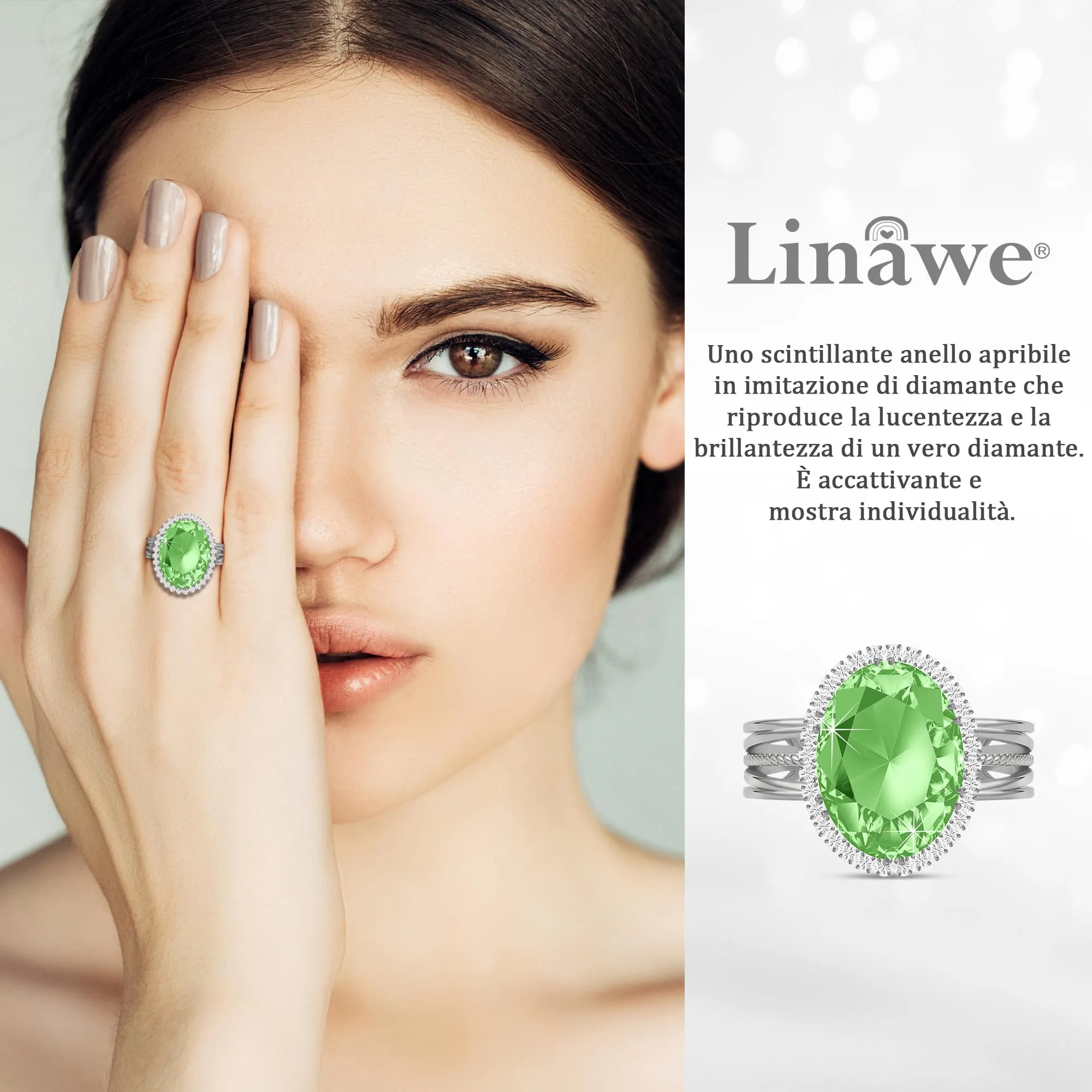 Linawe Anello da Donna Regolabile con Moissanite e Zirconi in Oro Bianco/Argento - immagine 2