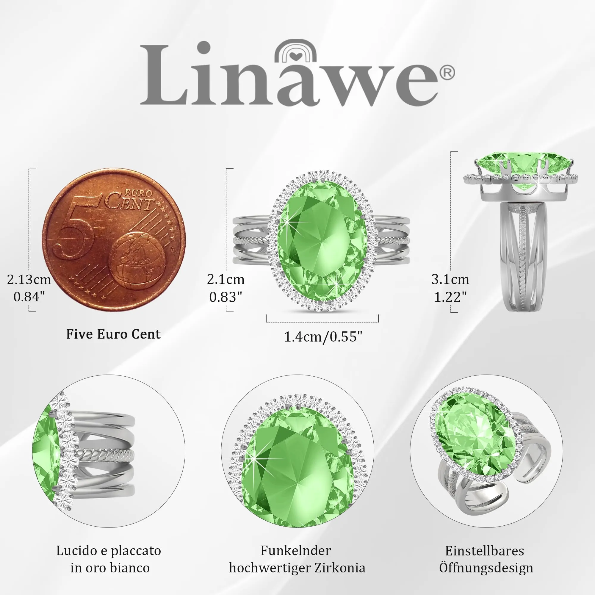 Linawe Anello da Donna Regolabile con Moissanite e Zirconi in Oro Bianco/Argento - immagine 4