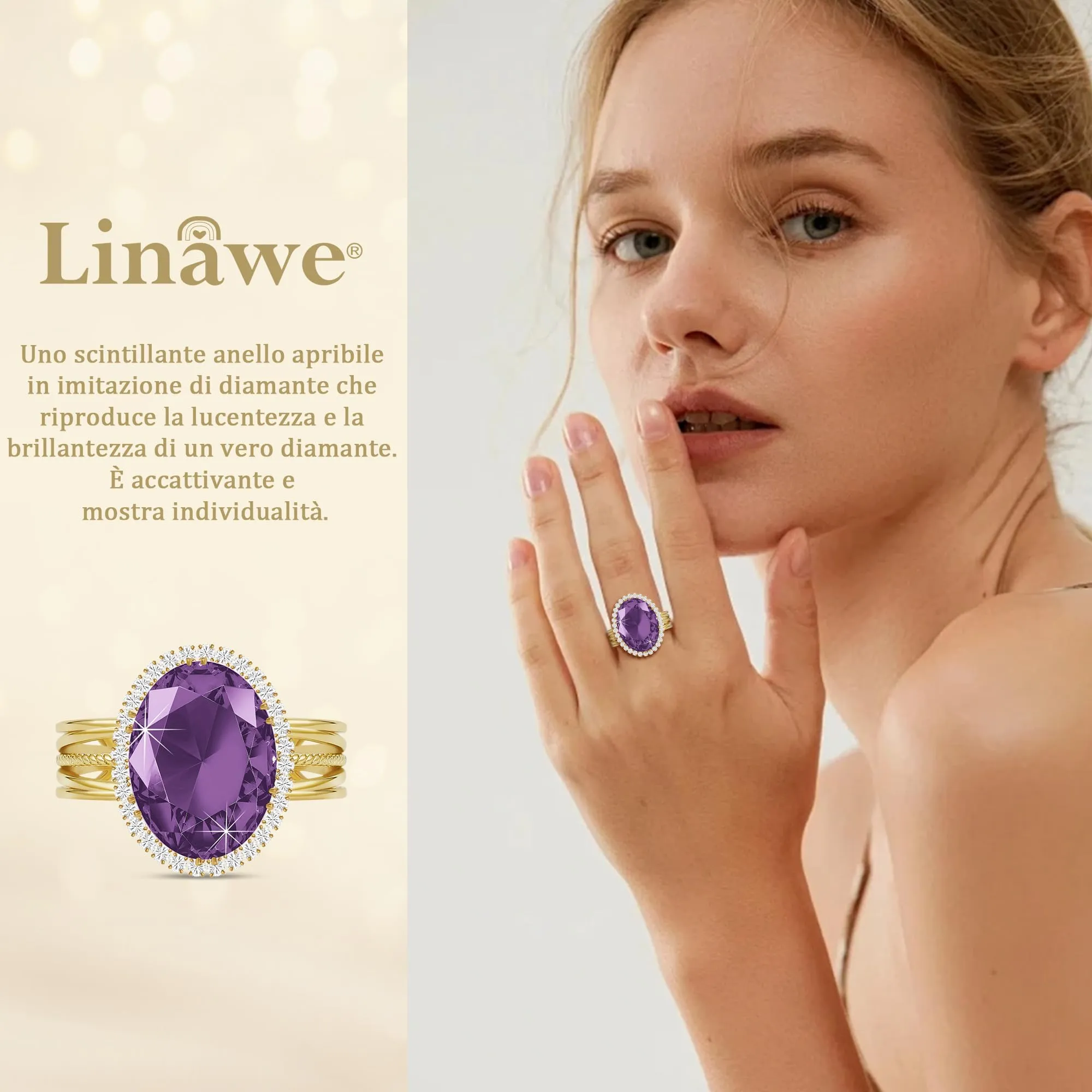 Linawe Anello in oro regolabile con ametista viola e zirconi - immagine 2