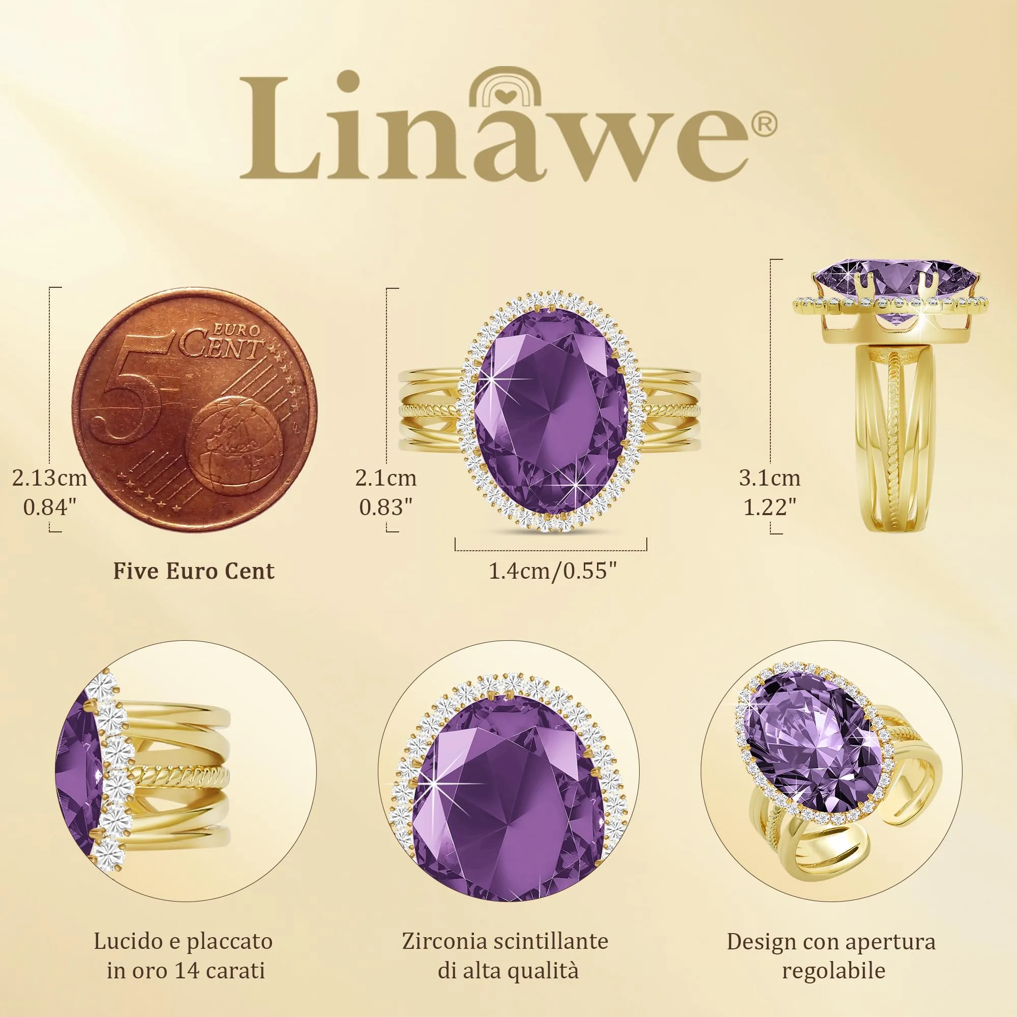 Linawe Anello in oro regolabile con ametista viola e zirconi - immagine 4