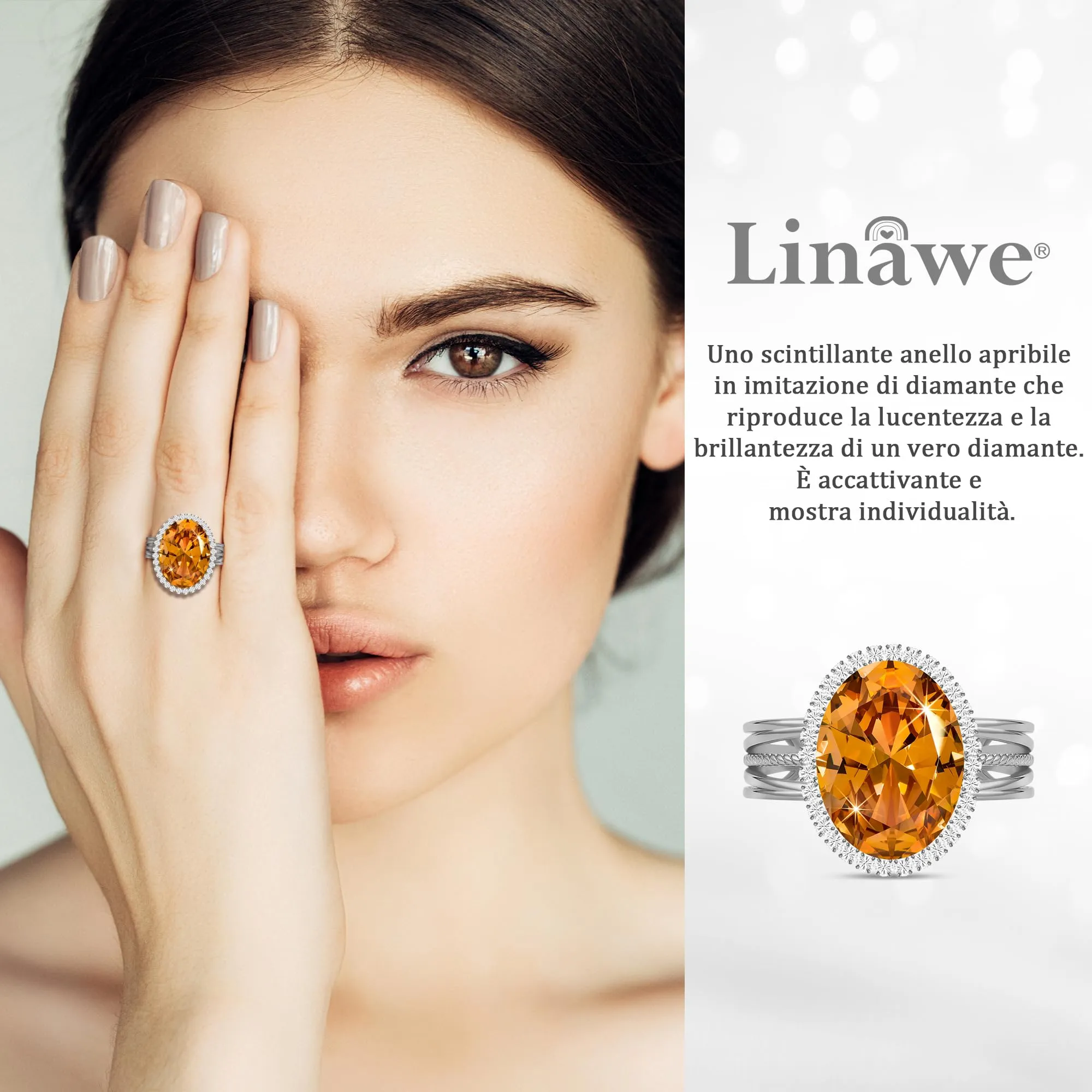 Linawe Anello da Donna Regolabile in Moissanite con Zirconi e Pietra Ovale Argento - immagine 2