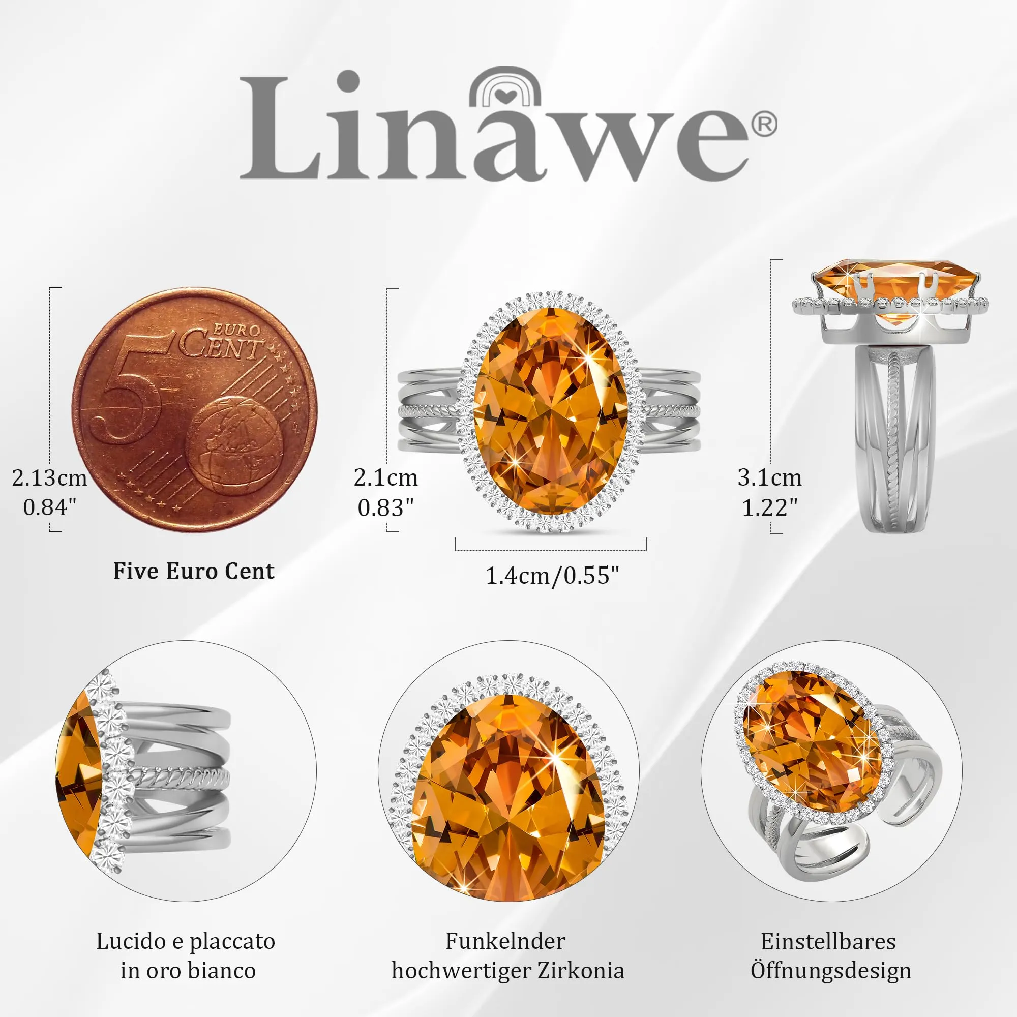 Linawe Anello da Donna Regolabile in Moissanite con Zirconi e Pietra Ovale Argento - immagine 4