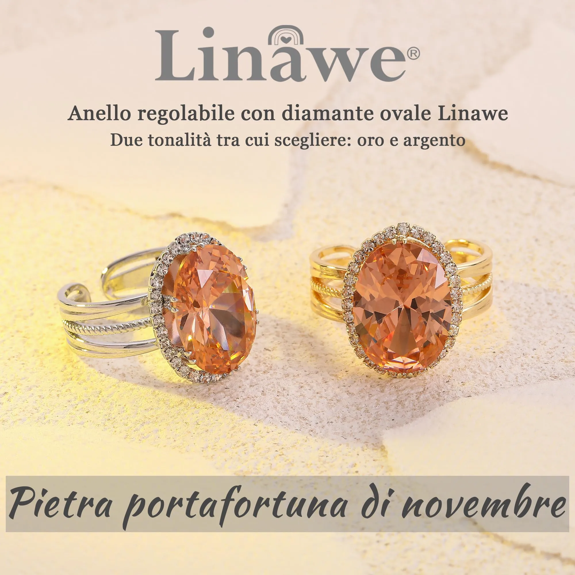 Linawe Anello da Donna Regolabile in Moissanite con Zirconi e Pietra Ovale Argento - immagine 5
