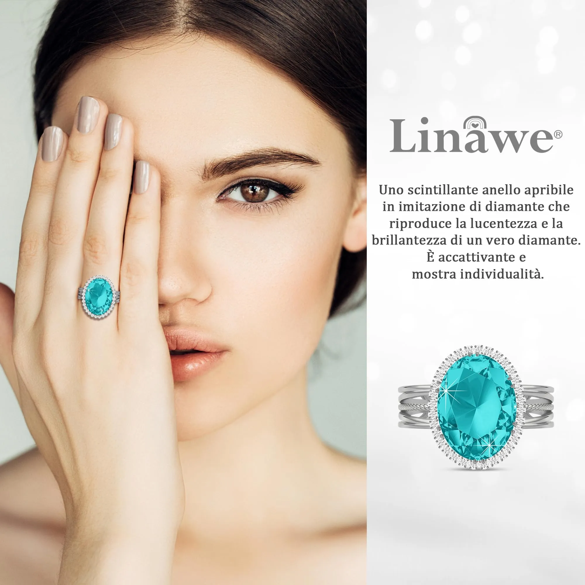 Linawe Anello da Donna Regolabile con Moissanite Sintetica e Zirconi Argento - immagine 2