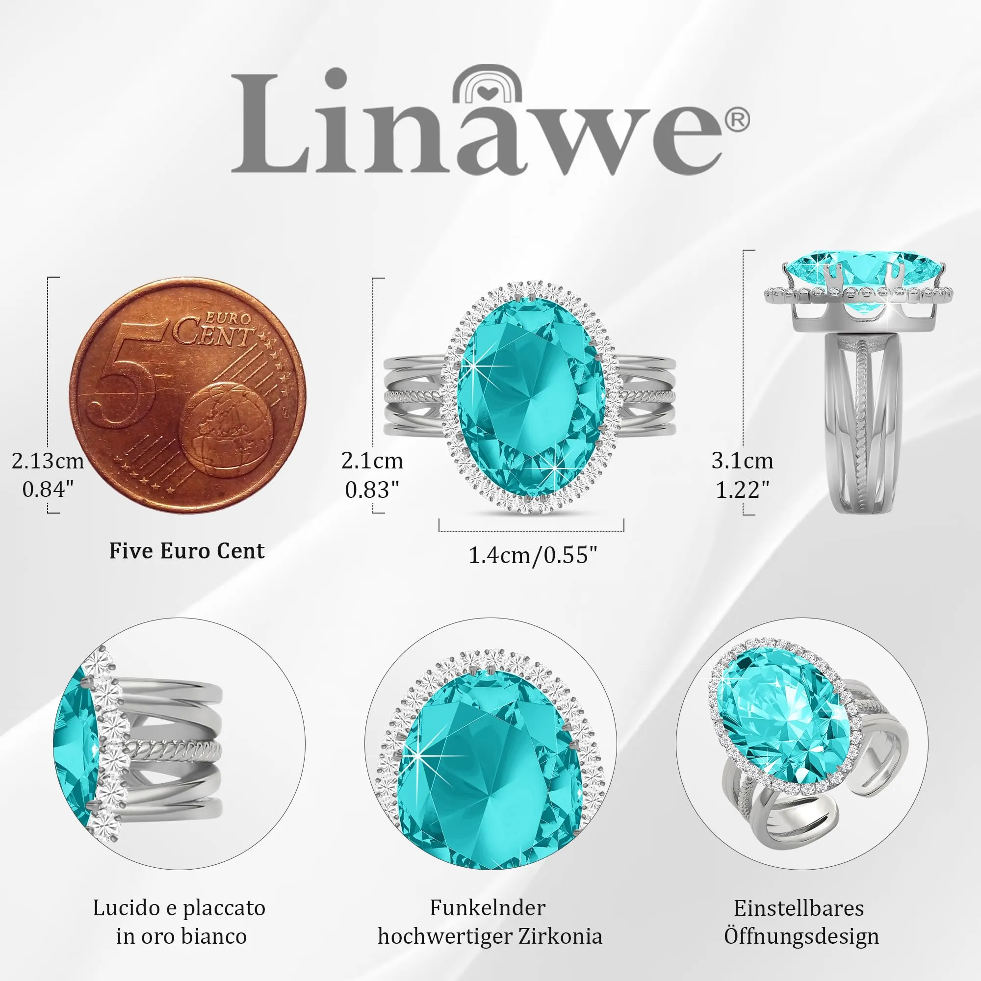 Linawe Anello da Donna Regolabile con Moissanite Sintetica e Zirconi Argento - immagine 4