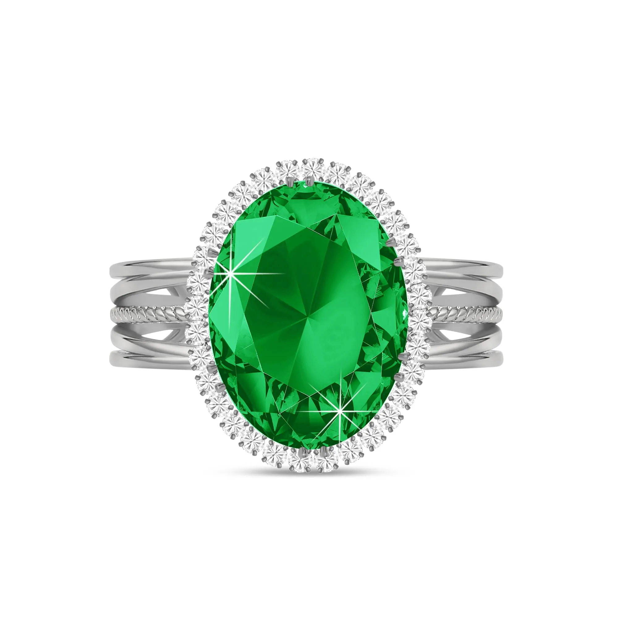 Linawe Anello Regolabile in Argento con Smeraldo e Moissanite, Oro Bianco - immagine 1
