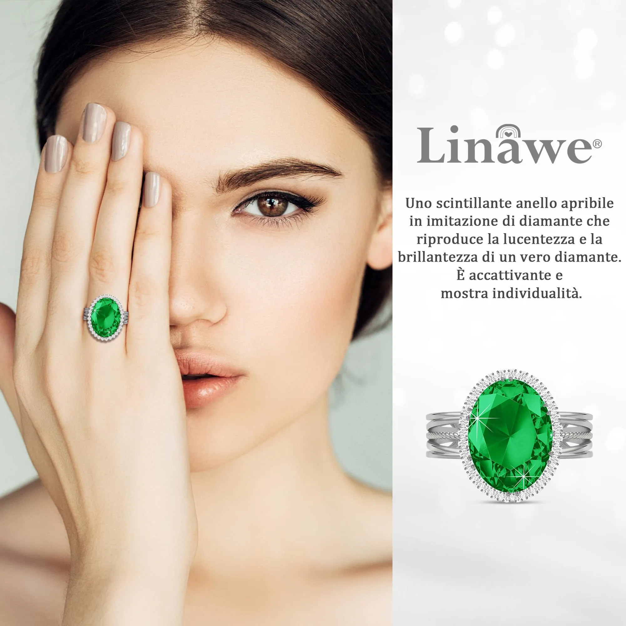 Linawe Anello Regolabile in Argento con Smeraldo e Moissanite, Oro Bianco - immagine 2