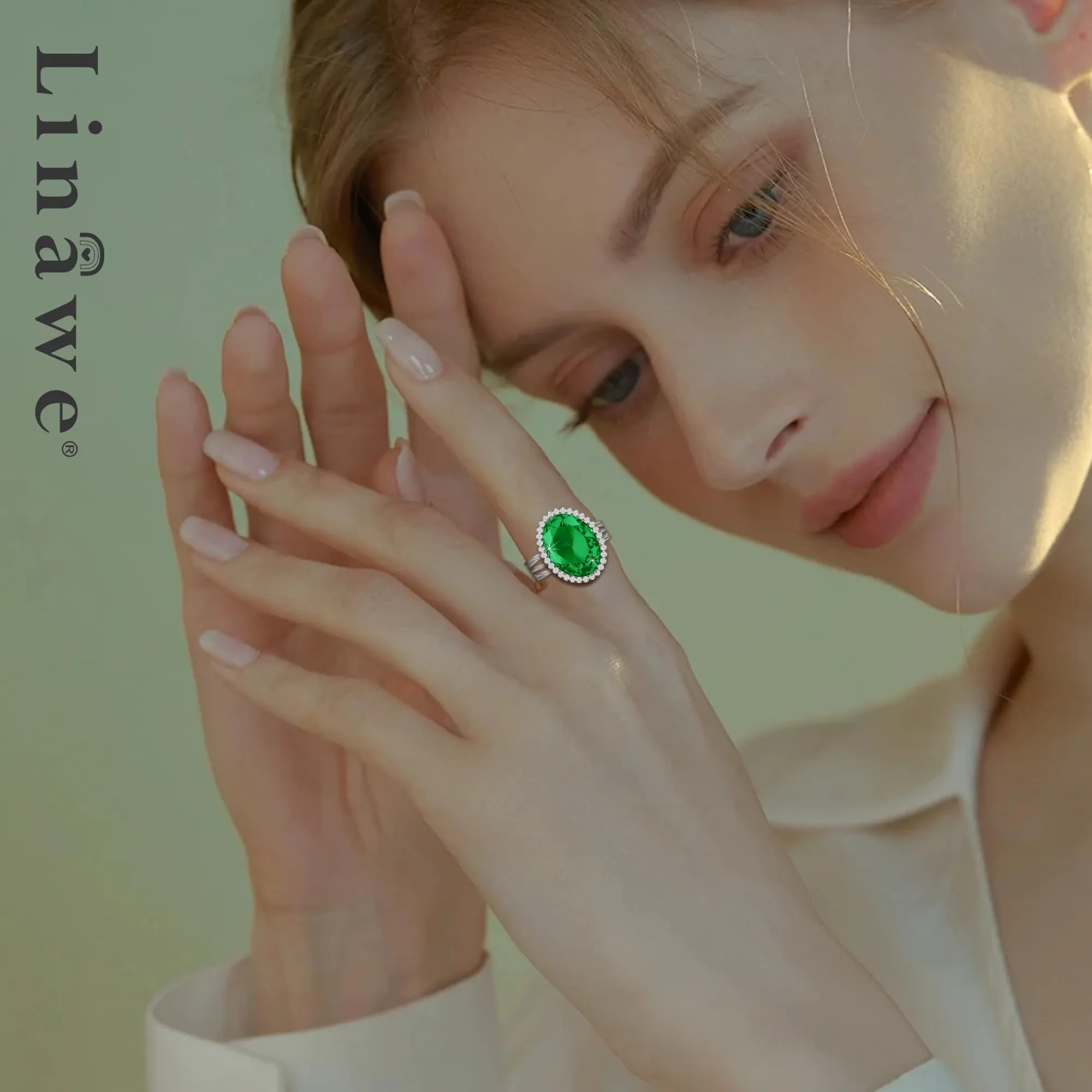 Linawe Anello Regolabile in Argento con Smeraldo e Moissanite, Oro Bianco - immagine 3