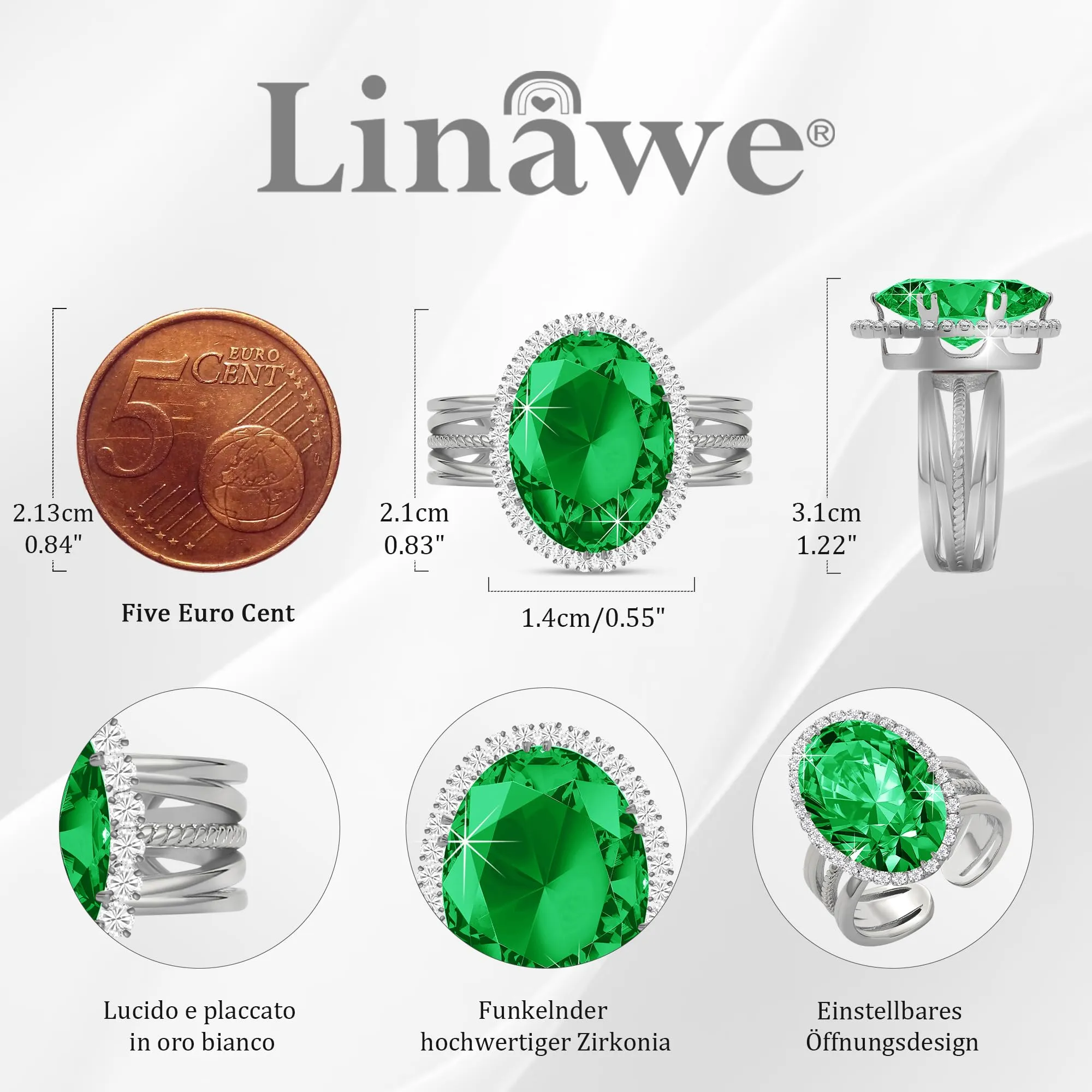 Linawe Anello Regolabile in Argento con Smeraldo e Moissanite, Oro Bianco - immagine 4