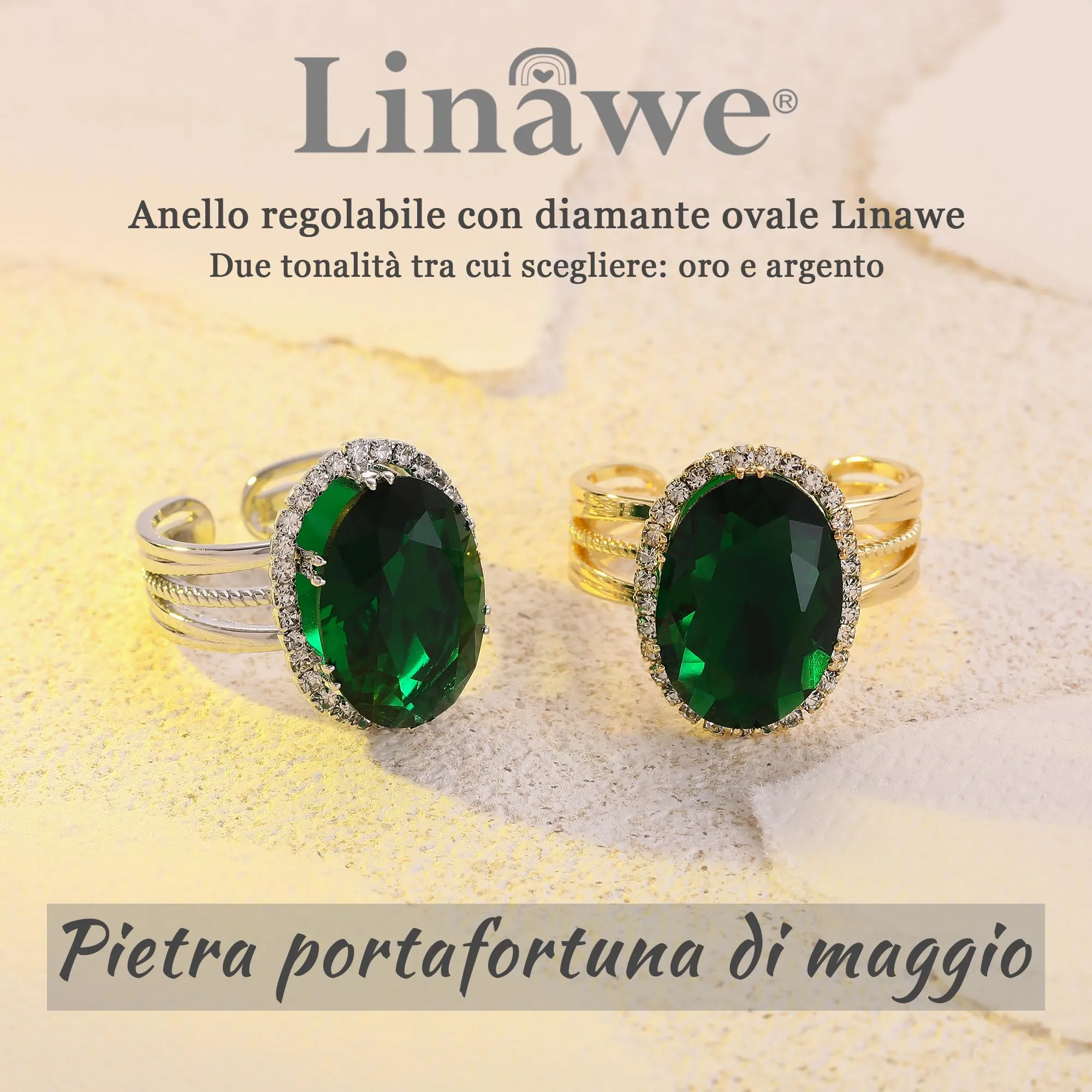 Linawe Anello Regolabile in Argento con Smeraldo e Moissanite, Oro Bianco - immagine 5
