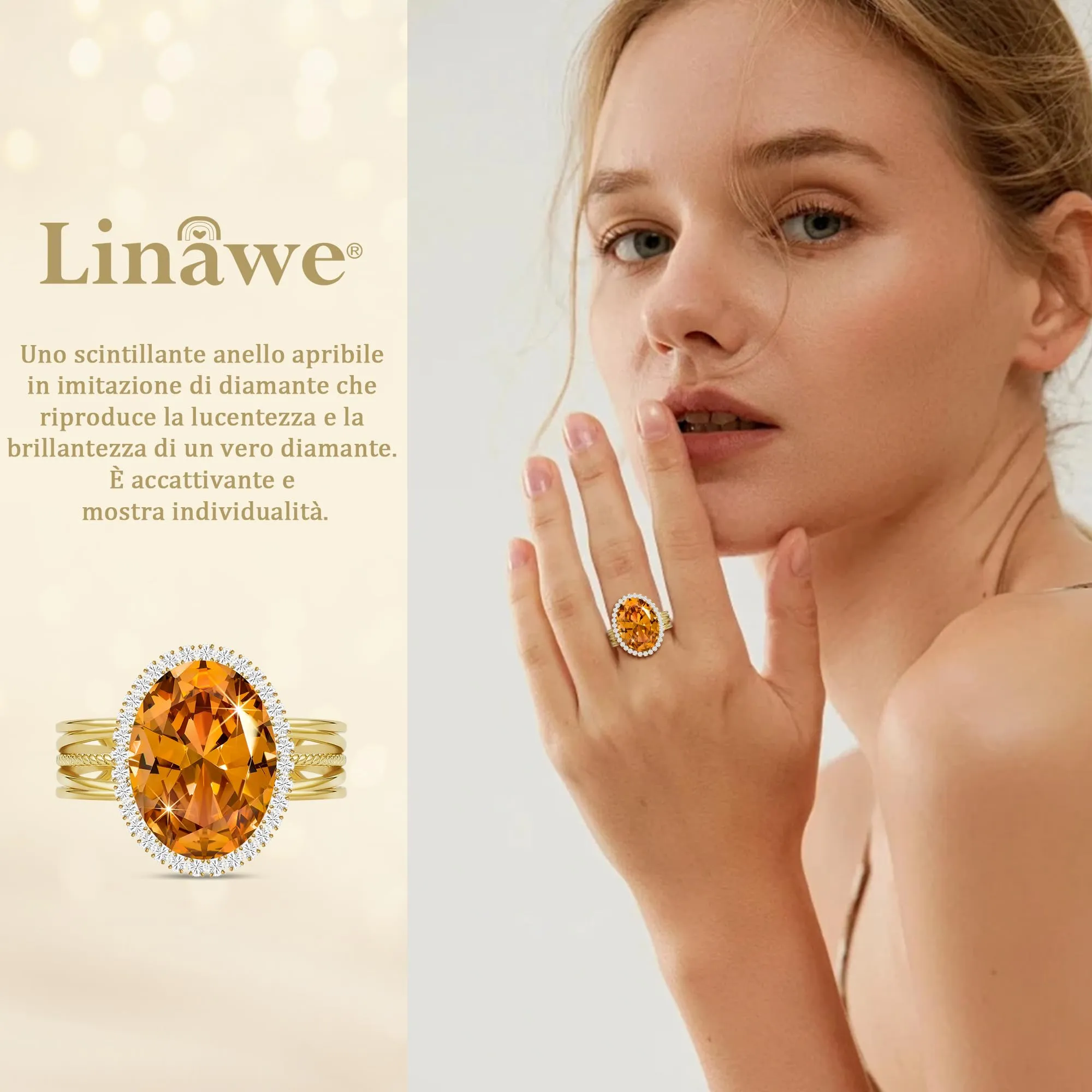 Linawe Anello Regolabile in Oro Placcato con Moissanite Giallo Citrino - immagine 2