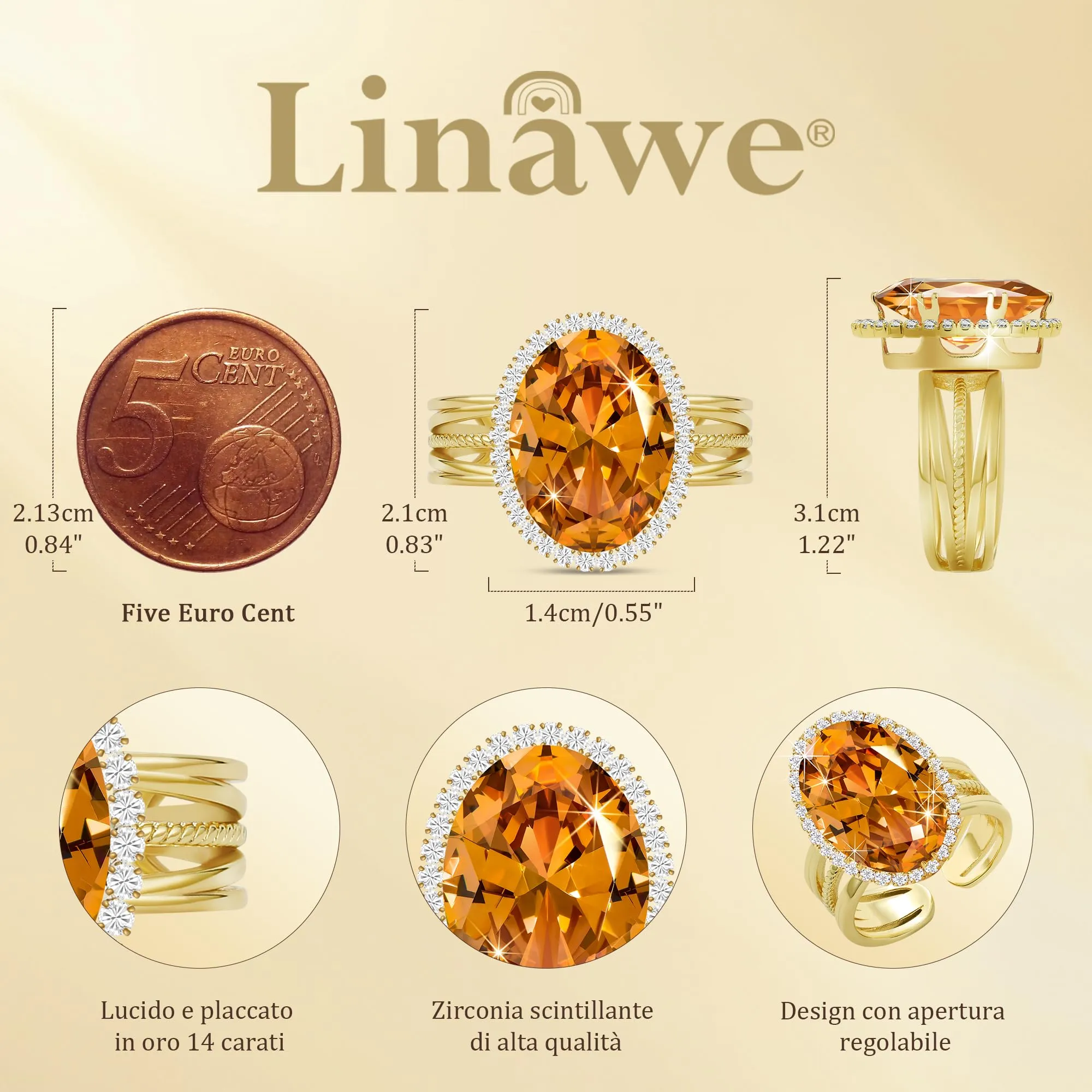 Linawe Anello Regolabile in Oro Placcato con Moissanite Giallo Citrino - immagine 4