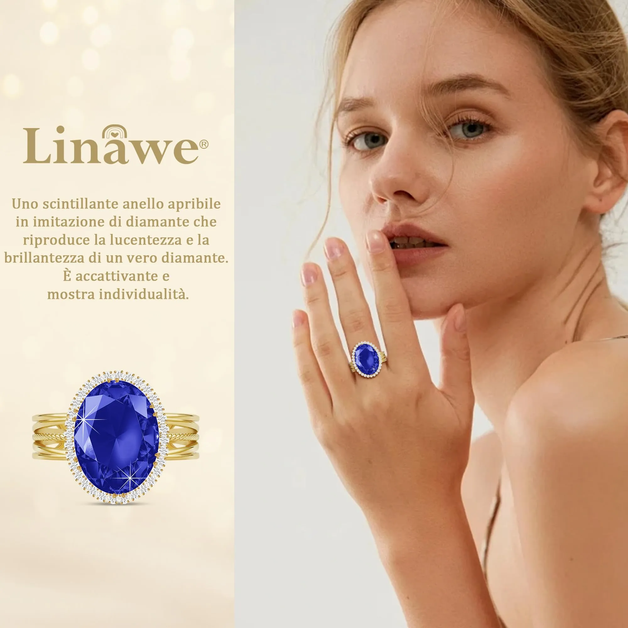Linawe Anello Regolabile Placcato Oro con Pietra Blu e Zirconi - immagine 2