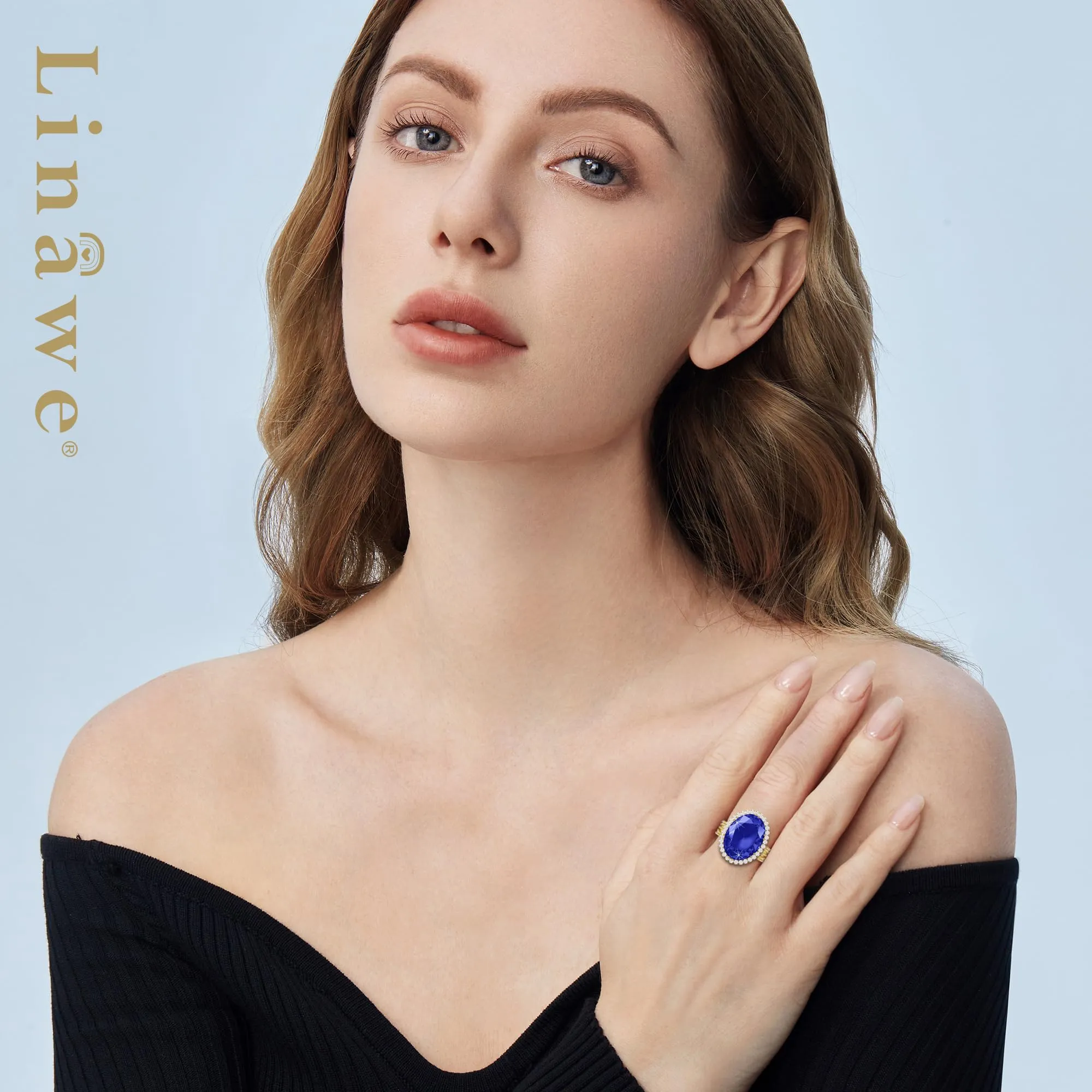 Linawe Anello Regolabile Placcato Oro con Pietra Blu e Zirconi - immagine 3